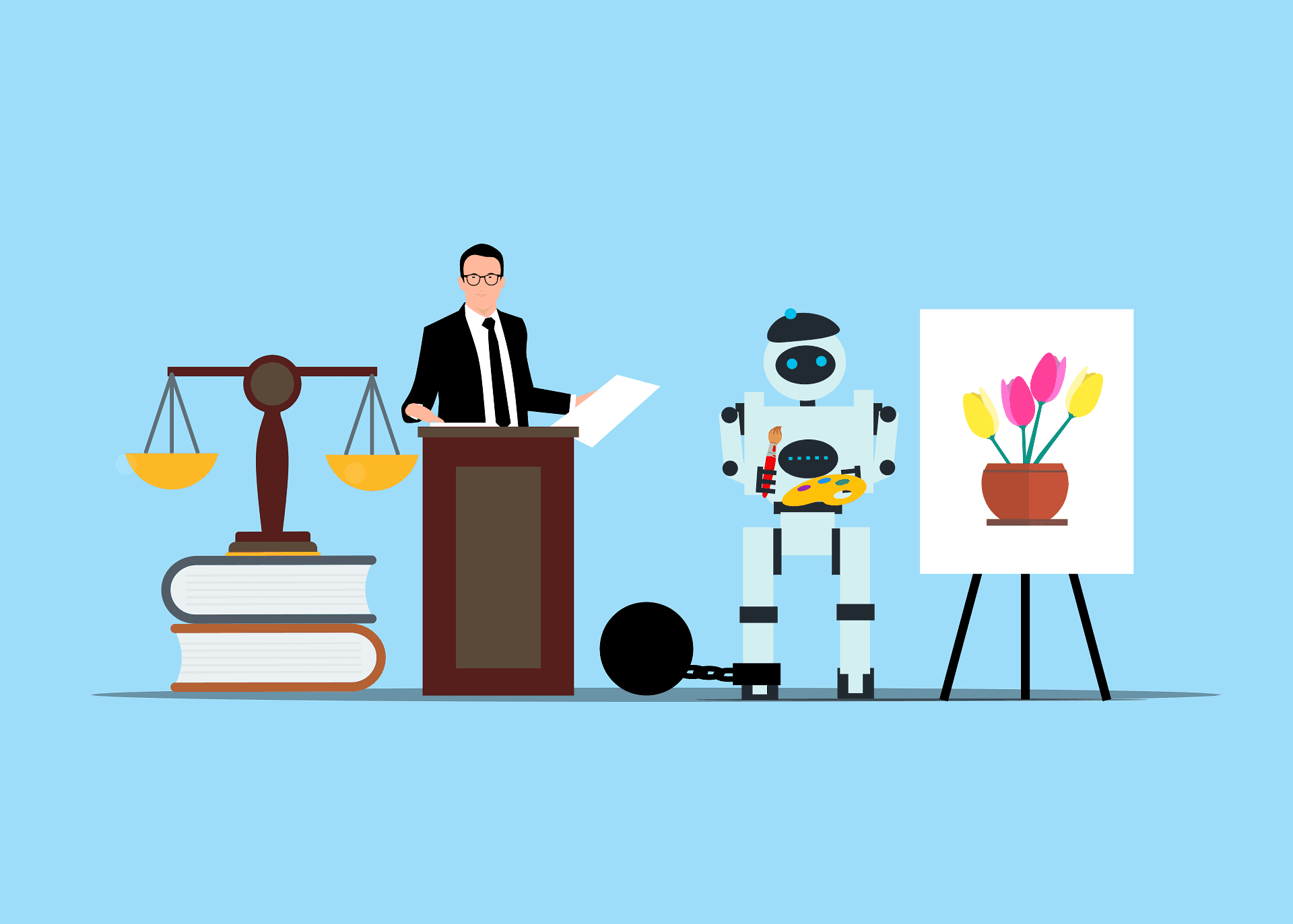 Vector image of scales, a lawyer, a robot, and a painting