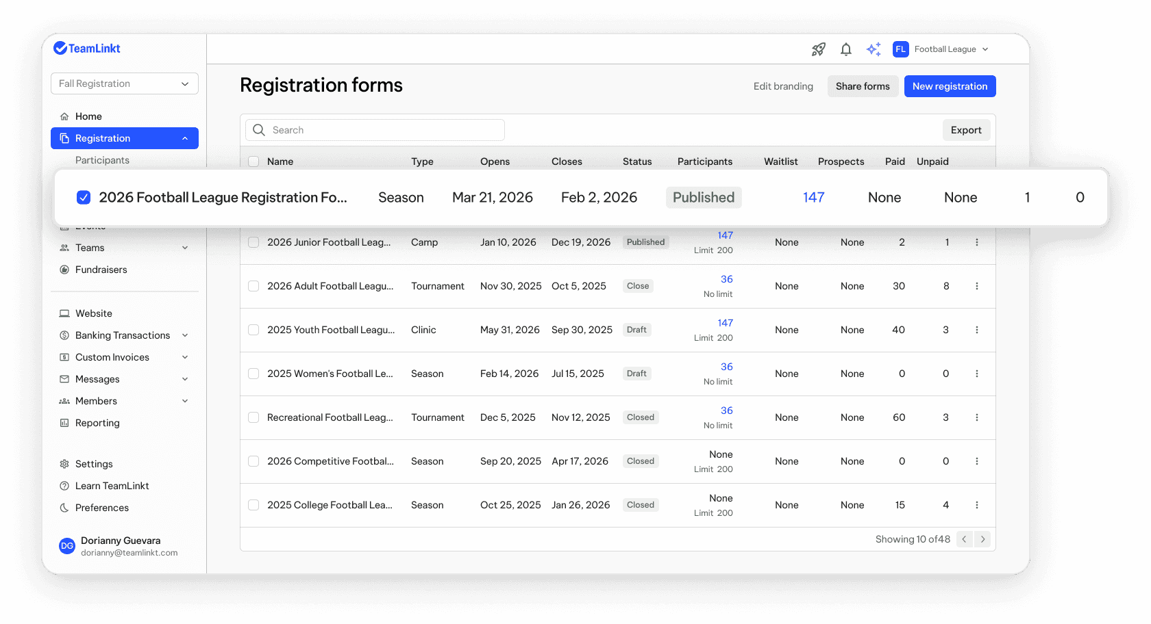 TeamLinkt's Basketball Registration Forms Dashboard