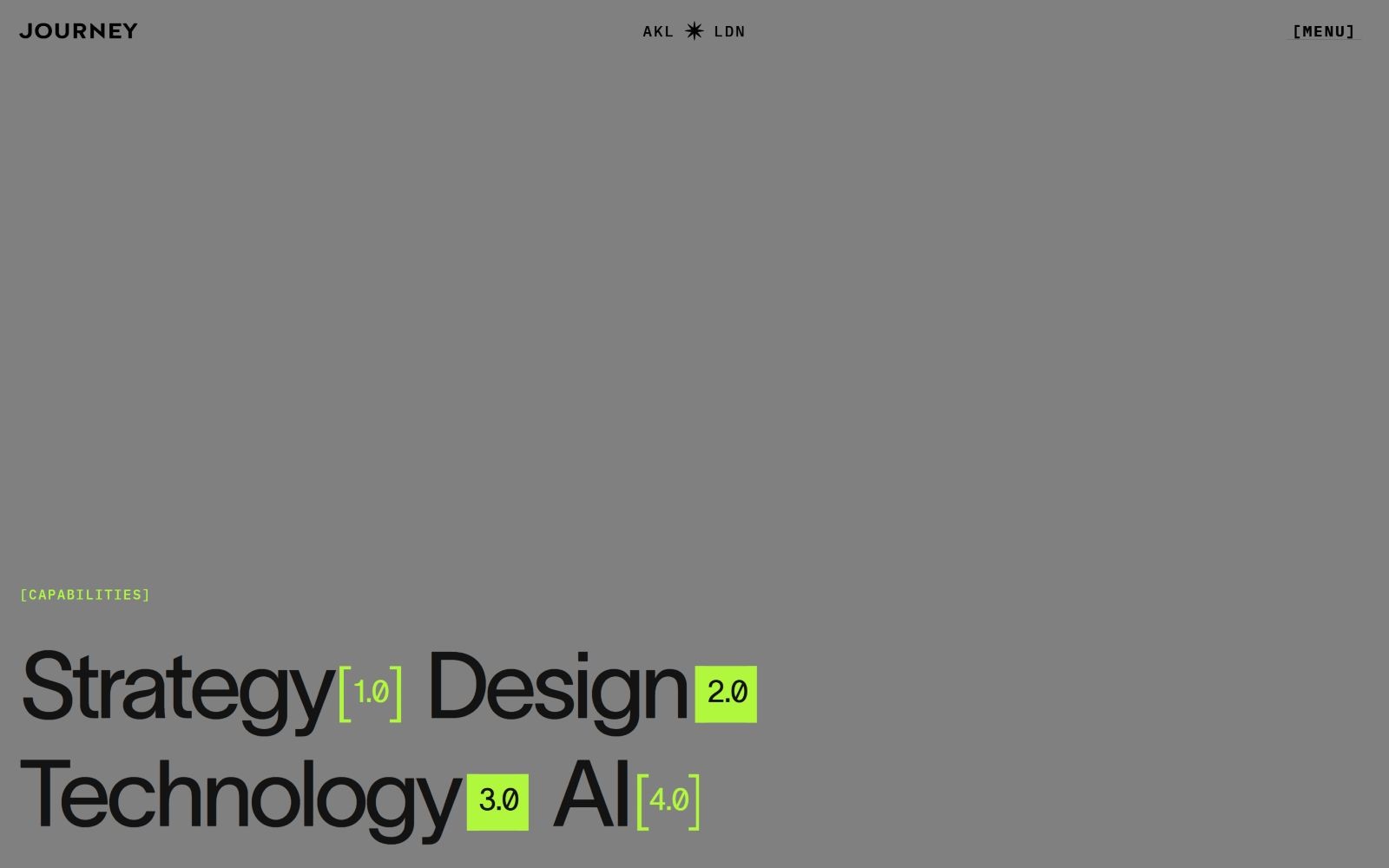 Gray background with bold black text: "Strategy 1.0, Design 2.0, Technology 3.0, AI 4.0." Lime green brackets emphasize each version number.