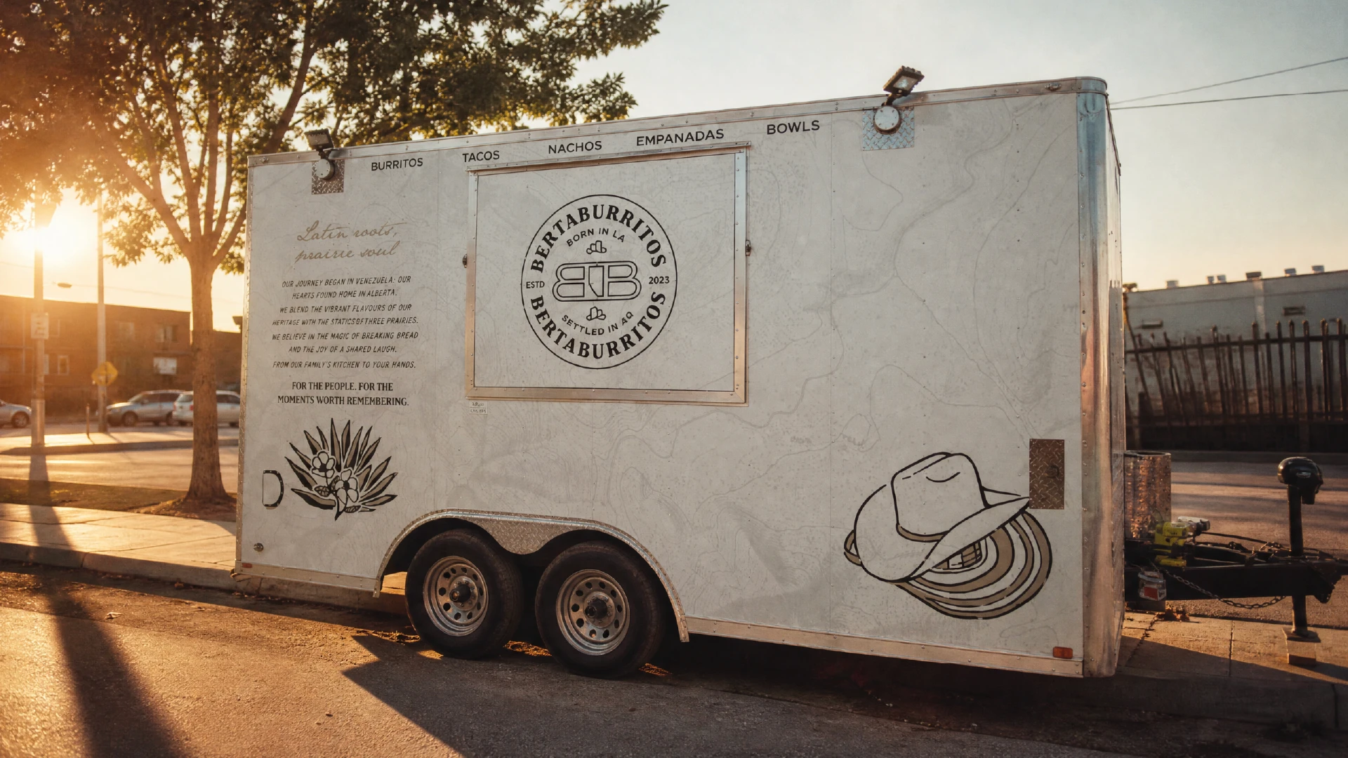 BertaBurritos food truck featuring its custom vehicle wrap and restaurant brand identity in Drumheller, Alberta