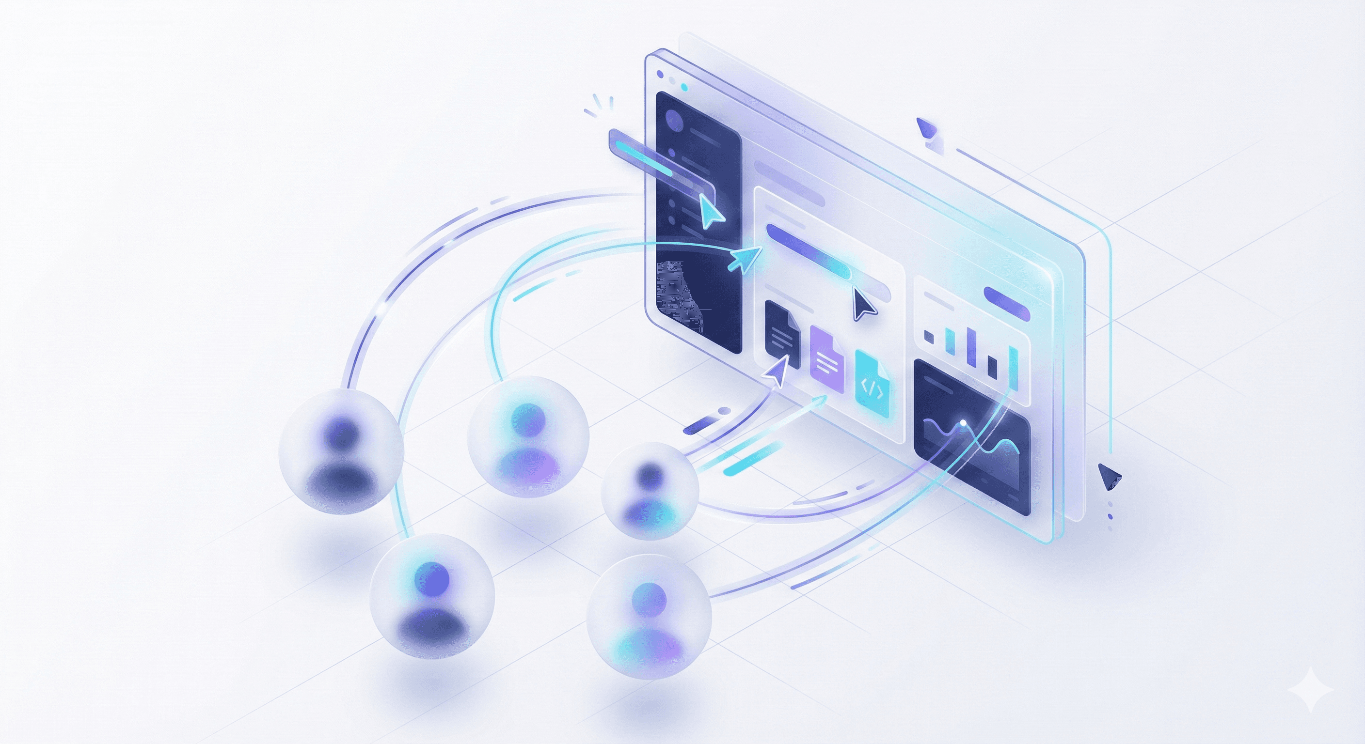 Veronix team training illustration. Abstract 3D user avatars connecting to a central digital dashboard, representing live workshops and staff onboarding to ensure adoption of new AI infrastructure.