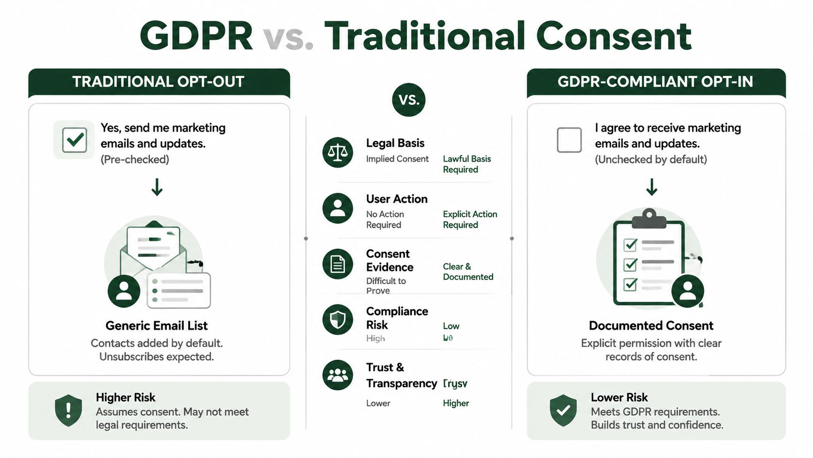 A comparison chart showing the differences between traditional opt-out and GDPR-compliant opt-in email marketing consent practices.
