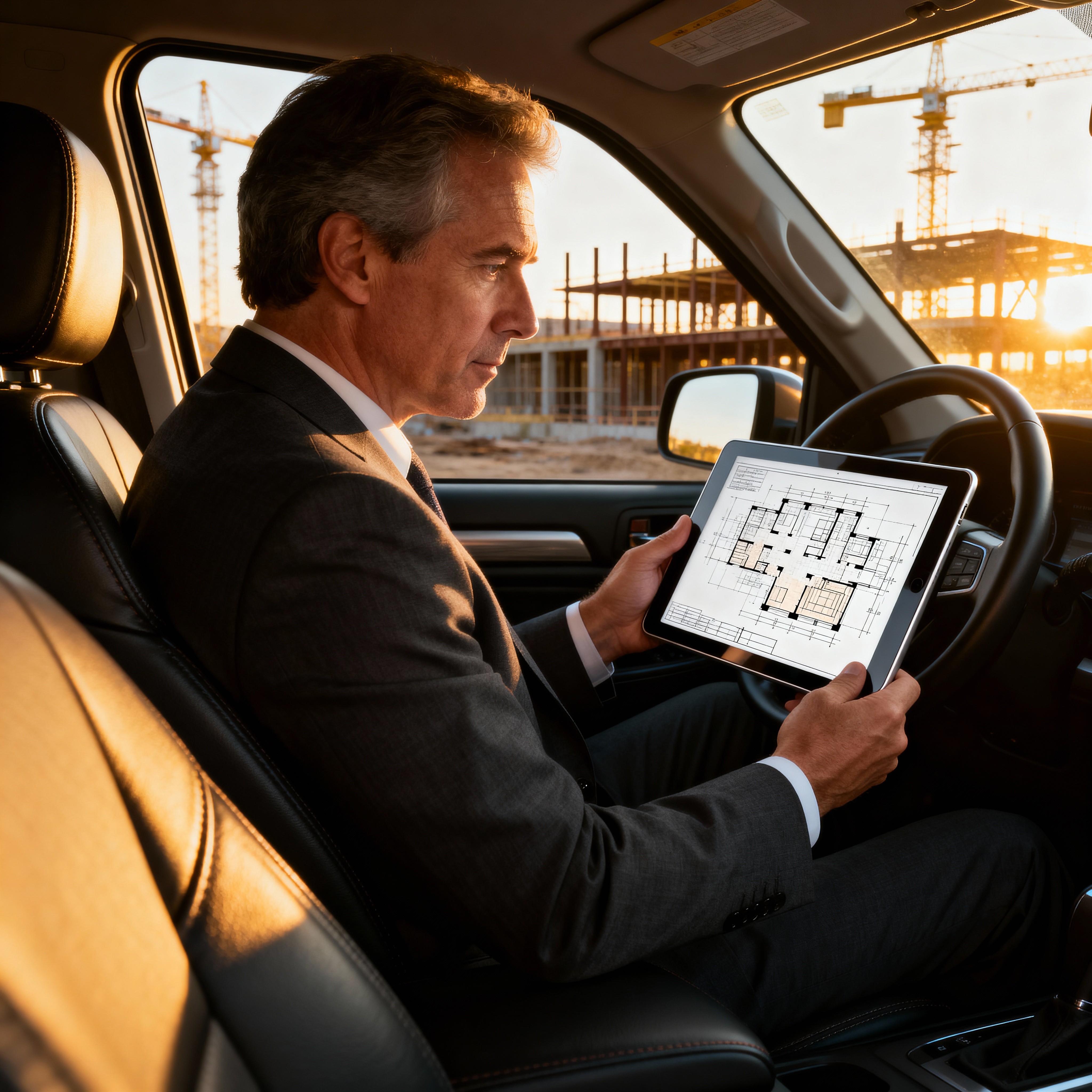 Architect in a car reviewing digital floor plans on a tablet while parked at a job site.