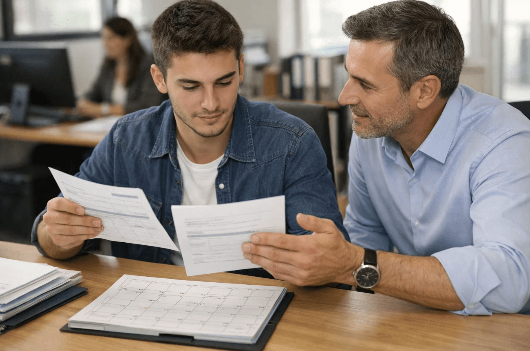 Alternant en contrat d’apprentissage échangeant avec un responsable RH et consultant des documents professionnels, illustrant les droits des alternants en matière de salaire, congés, formation et accompagnement.