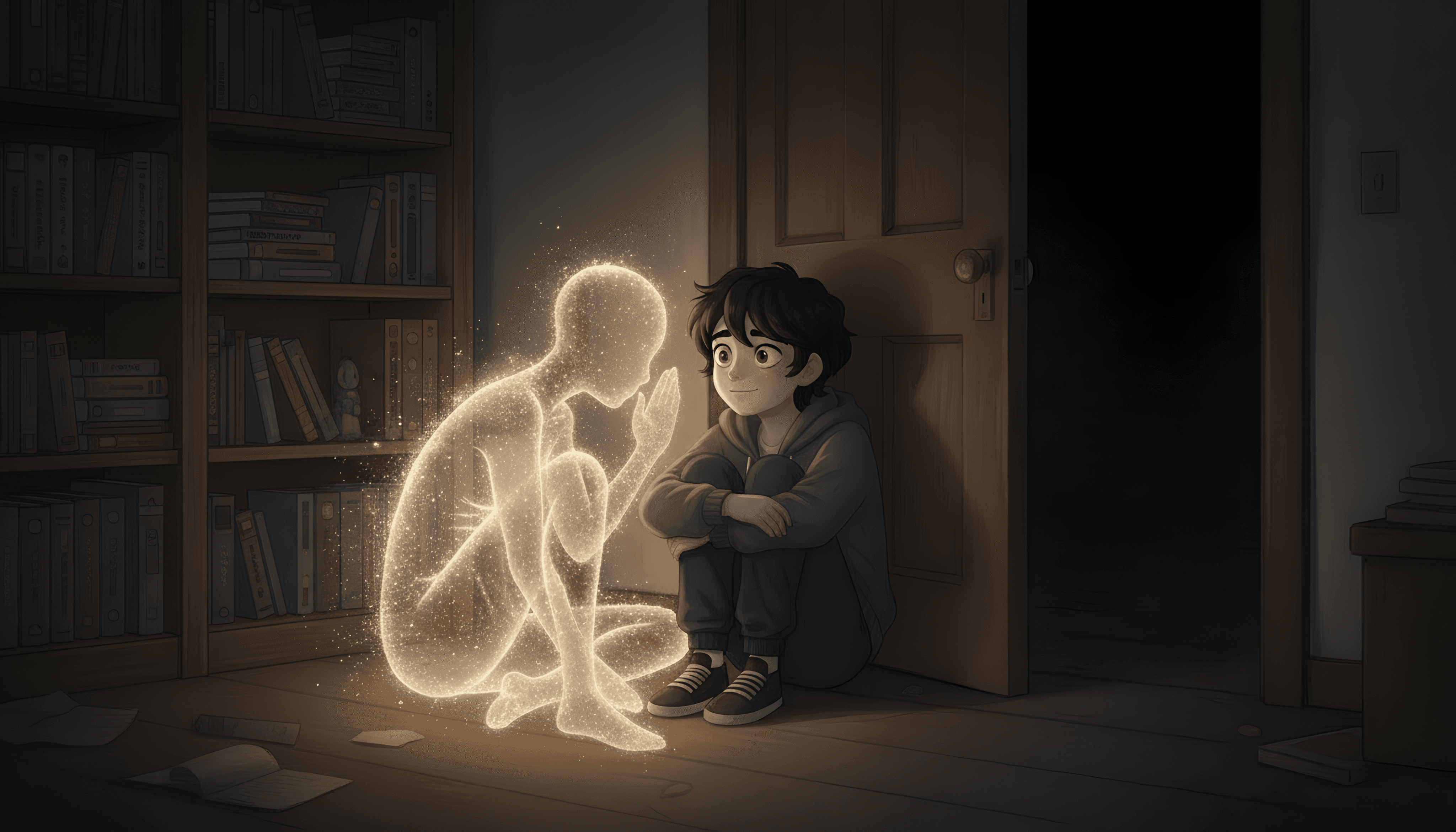 Cartoon Image of child talking to etheral being