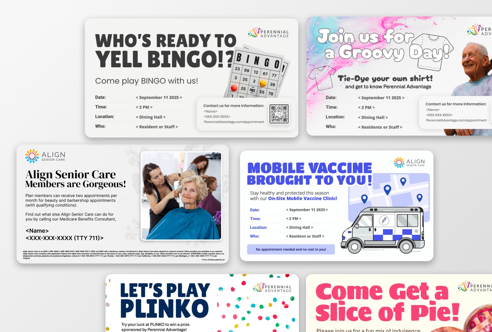 Six previews of Curana Healths event ads displayed on healthcare offices television units