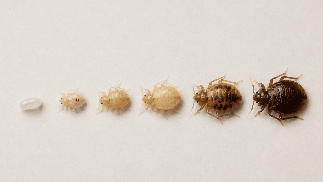 Évolution d’une punaise de lit montrant les différents stades de croissance, de l’œuf translucide jusqu’à l’insecte adulte brun foncé, alignés sur fond clair