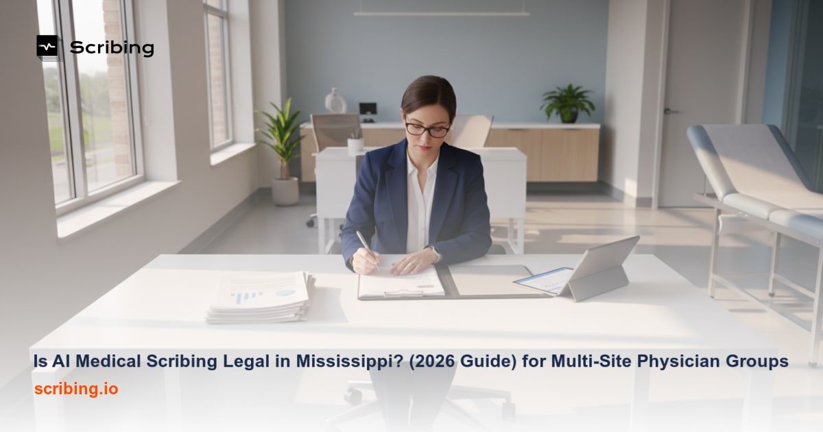 Compliance officer reviewing AI medical scribing documentation in a Mississippi physician group office setting