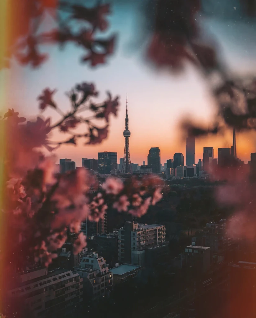 Shallow depth-of-field cityscape photograph at twilight