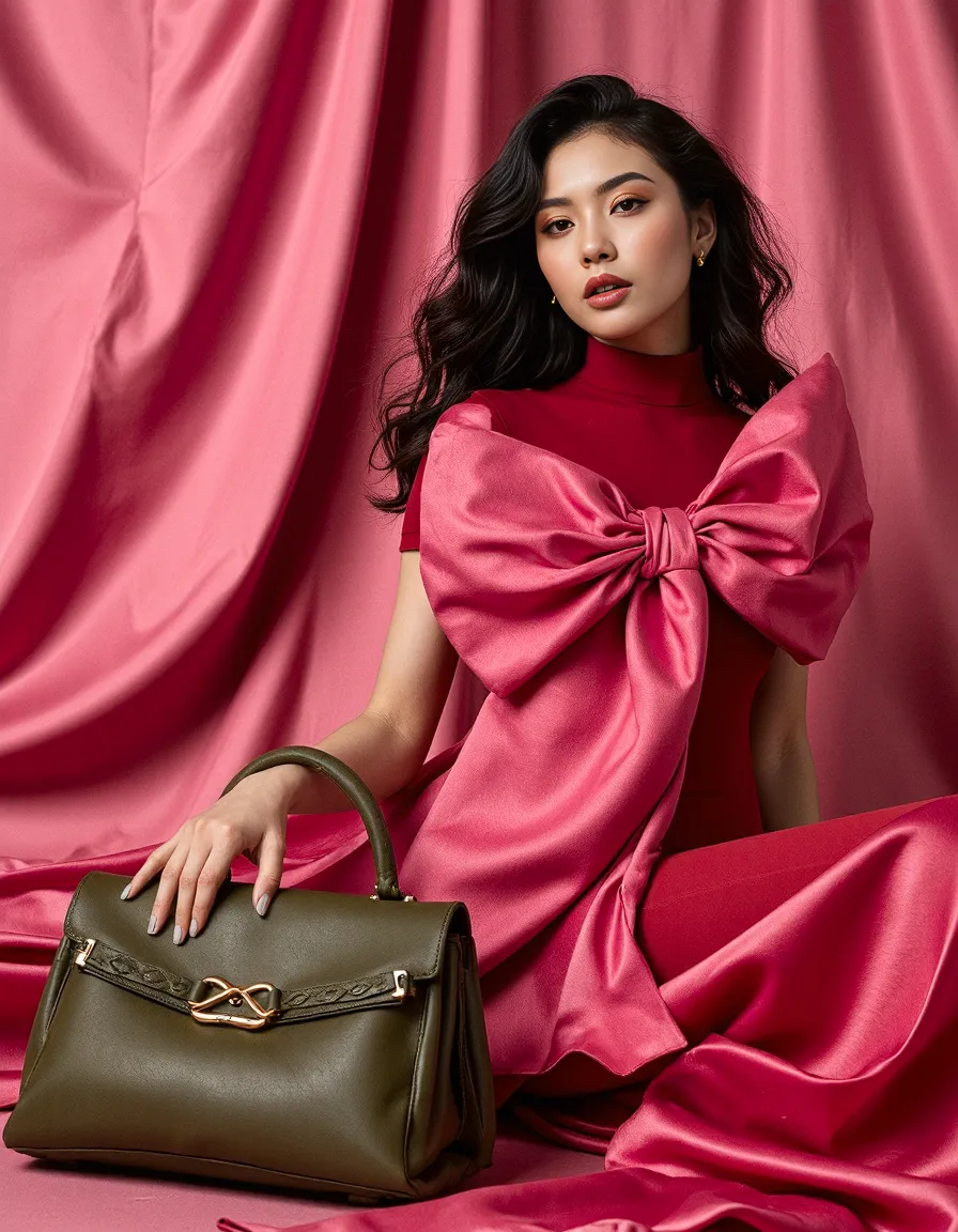 Fashion photography featuring a red dress with dramatic pink silk bow accent against matching pink backdrop, paired with olive leather handbag