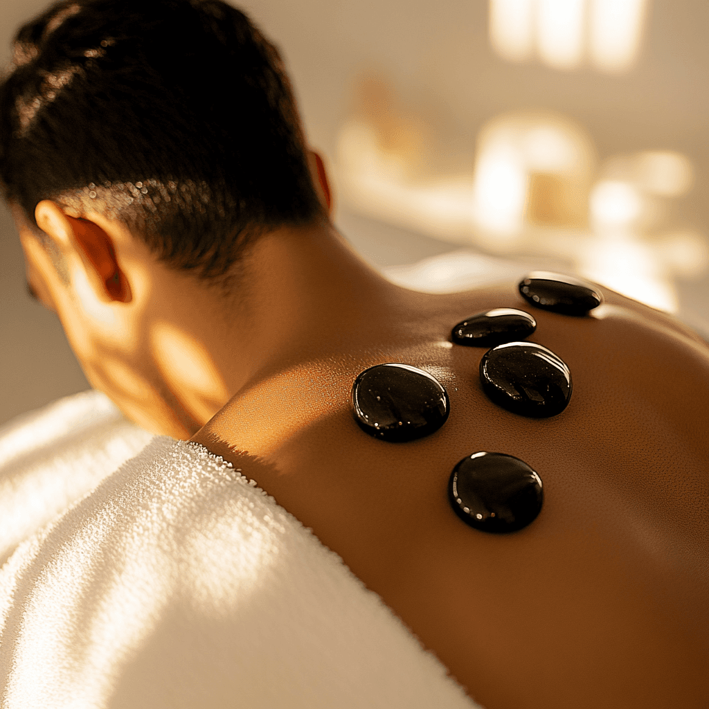 A client receiving a hot stone massage, with smooth black stones placed along their back. The warm lighting enhances the soothing and therapeutic atmosphere.