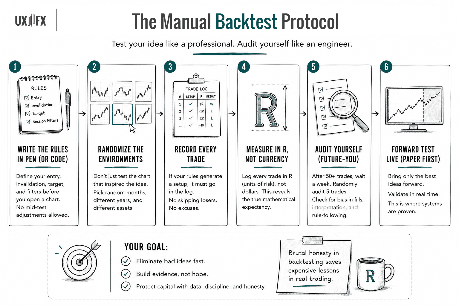 Workflow infographic outlining a structured manual backtesting process. The steps include writing trading rules before testing, using random market environments, recording every qualifying trade, measuring results in R-multiples instead of dollars, auditing for personal bias, and validating the strategy through forward testing. The graphic emphasizes honesty and consistency throughout the testing process.