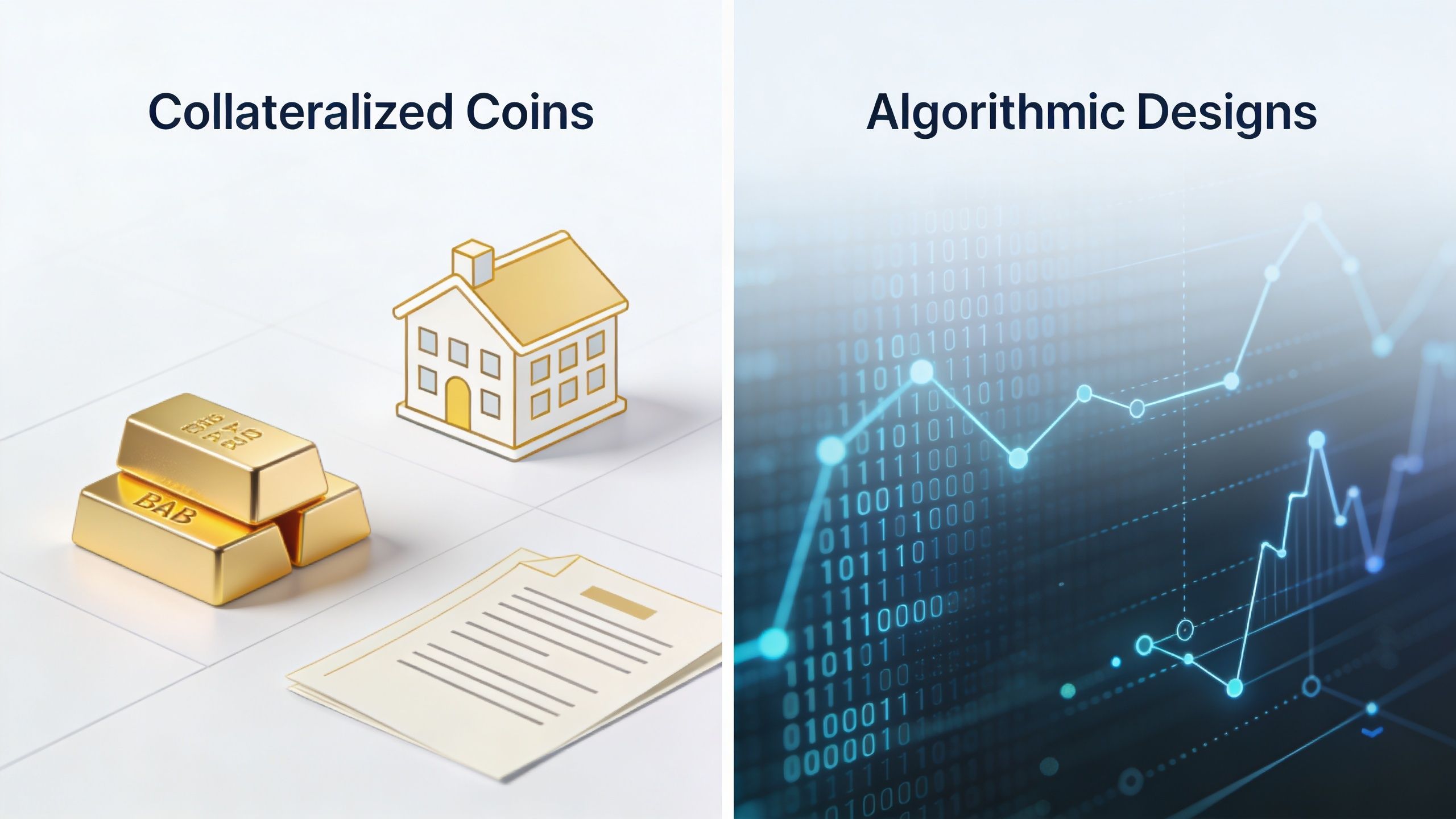 A split comparison between traditional asset-backed collateralized coins and digital algorithmic stablecoin designs using data charts.