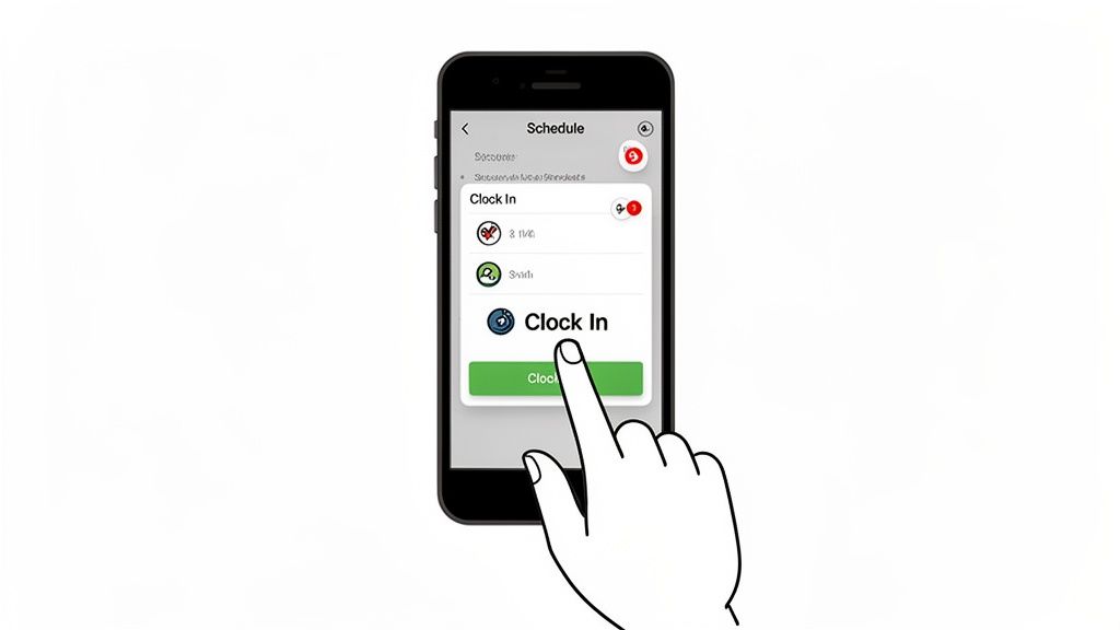 A hand taps the 'Clock In' button on a smartphone app's schedule screen.