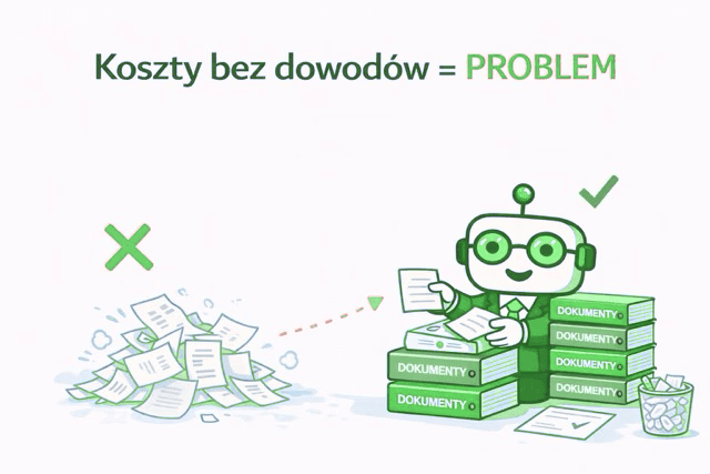 Brak dokumentów jako problem vs uporządkowane dokumenty księgowe przedstawione przez robota.