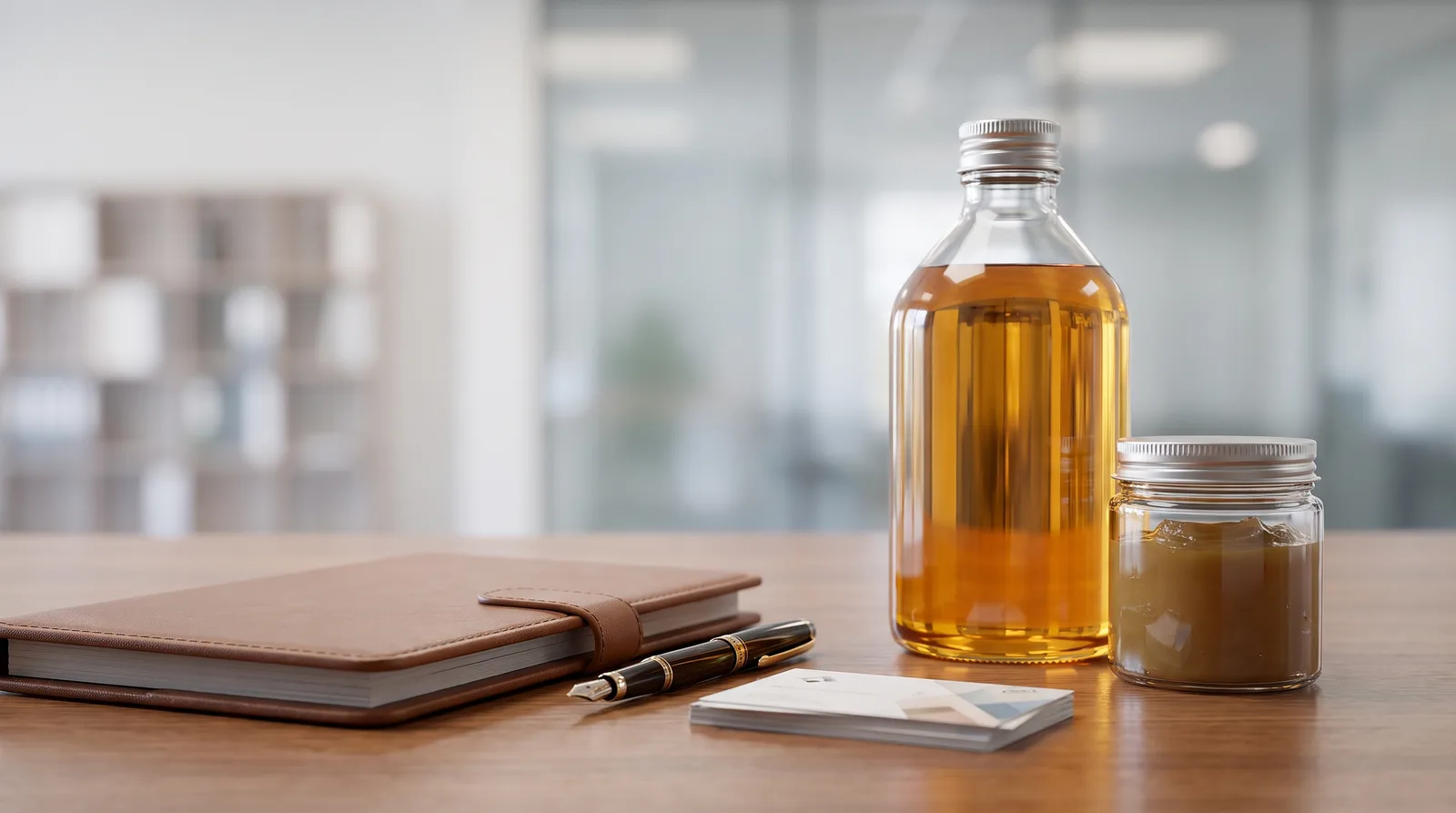 Lubricants and Oils Trading License in Dubai beside a Dubai trade license document and a modern office desk