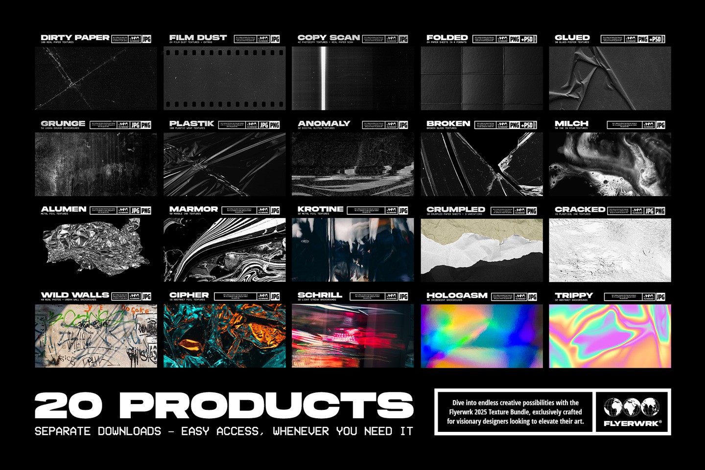 Grid overview showing twenty distinct products included in the comprehensive graphic design texture bundle