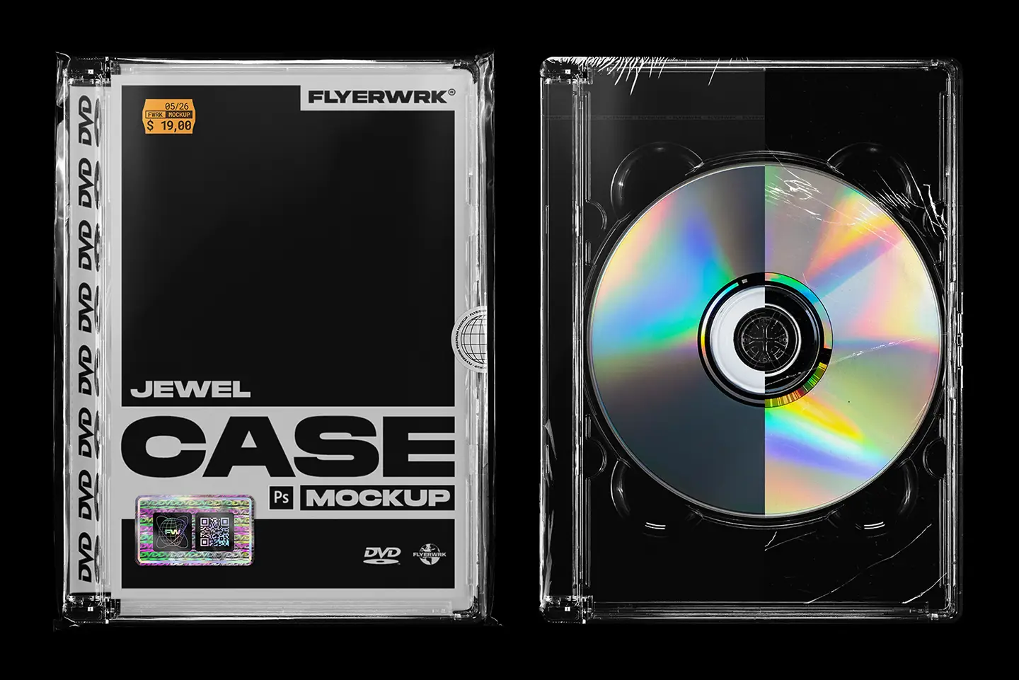 DVD jewel case mockup front cover and open case with reflective disc