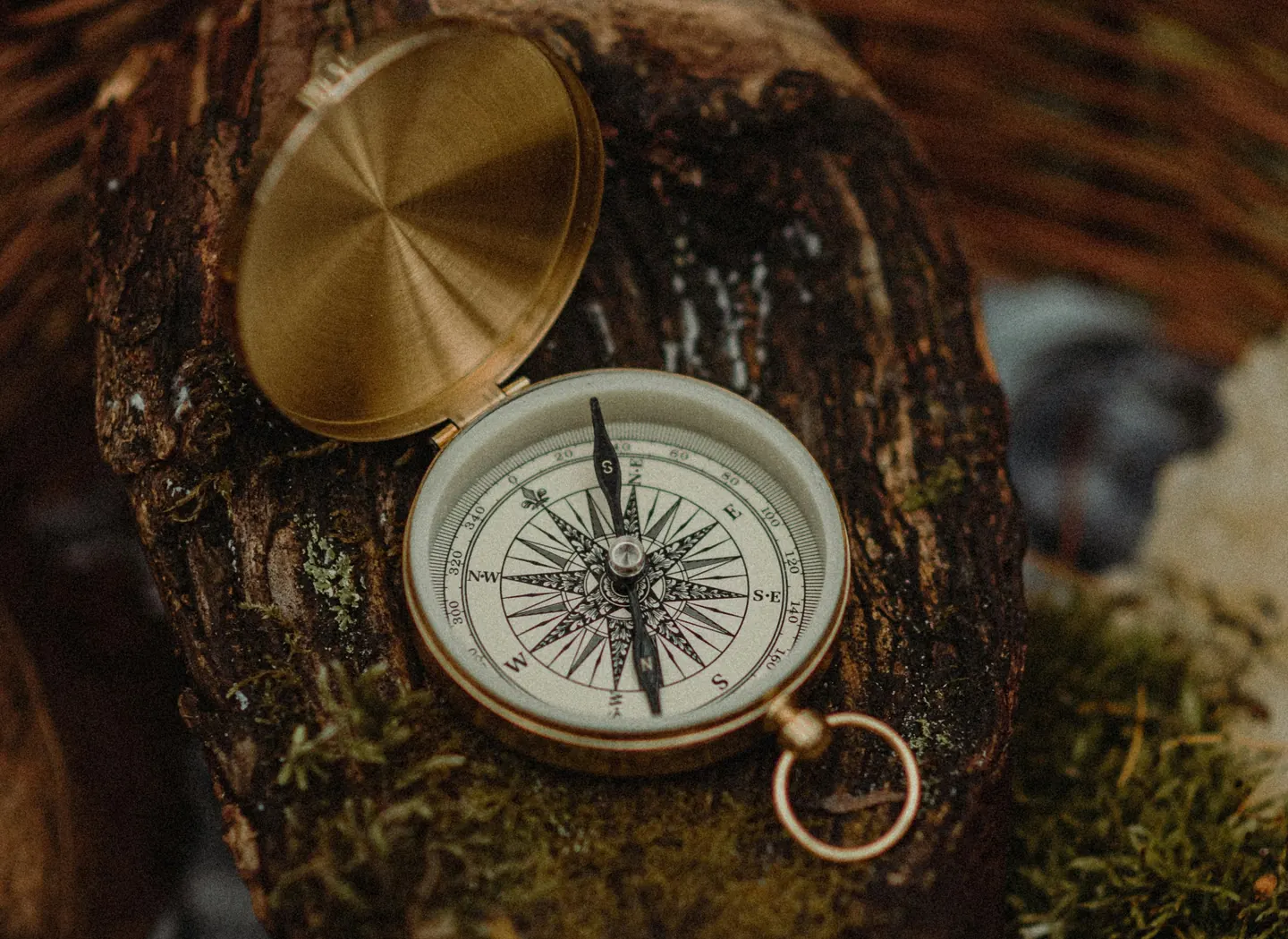 A brass compass resting unused in a basket
