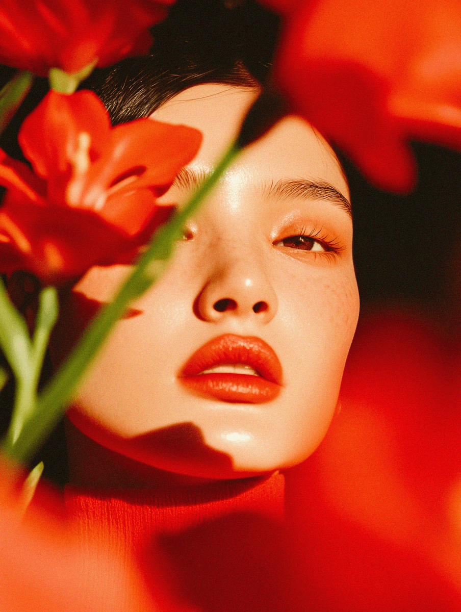 A woman's face is partially obscured by vibrant red flowers. Her expression is serene, with a soft glow on her skin, conveying warmth and intimacy.