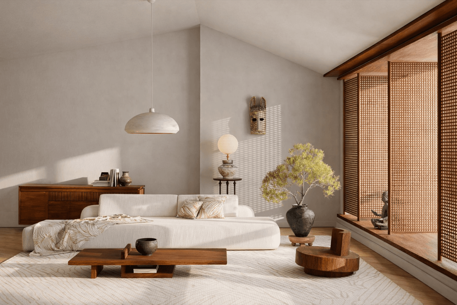 Warm natural textures and soft neutral tones define this modern interior with wooden accents and gentle daylight, offering clean text space for a calm, balanced and visually refined composition 3D illustration