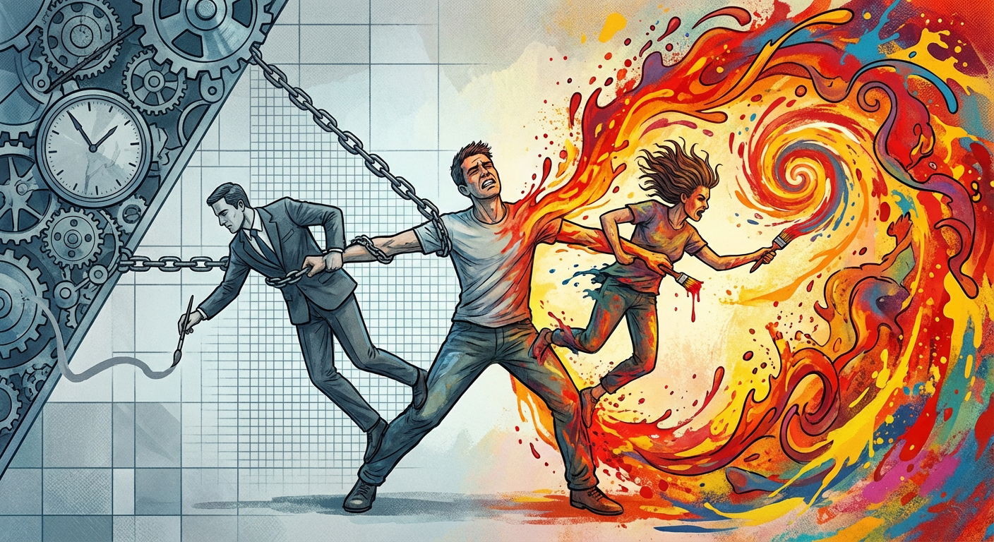 conceptual illustration of the central theme of artistic conflict between passion and routine