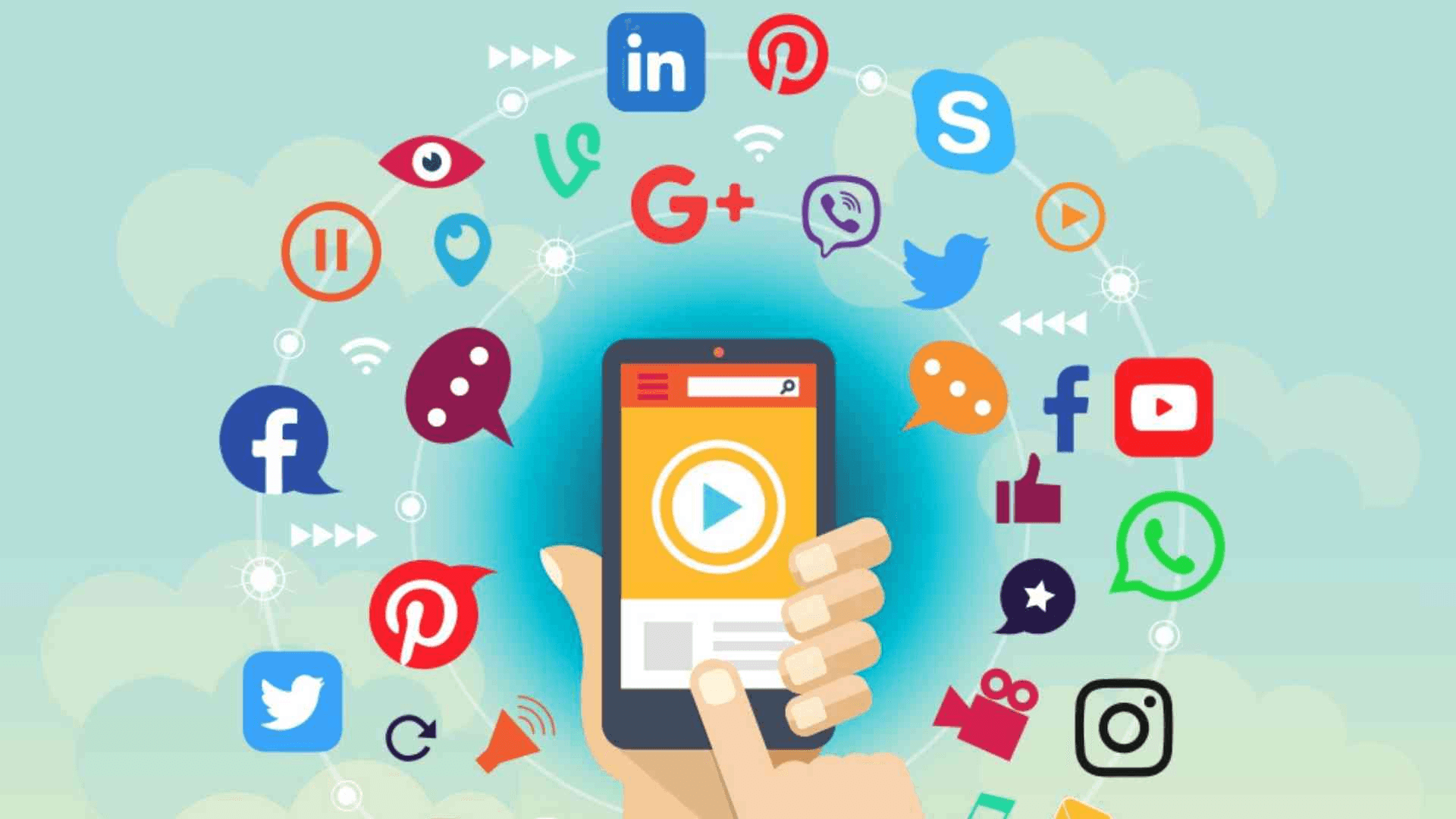 Smartphone surrounded by social media icons - Video Clipping for Social Media