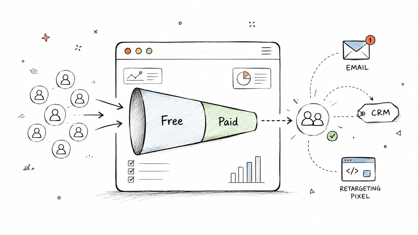A hand-drawn diagram illustrating a digital sales funnel converting free users into paid customers using CRM and retargeting tools.