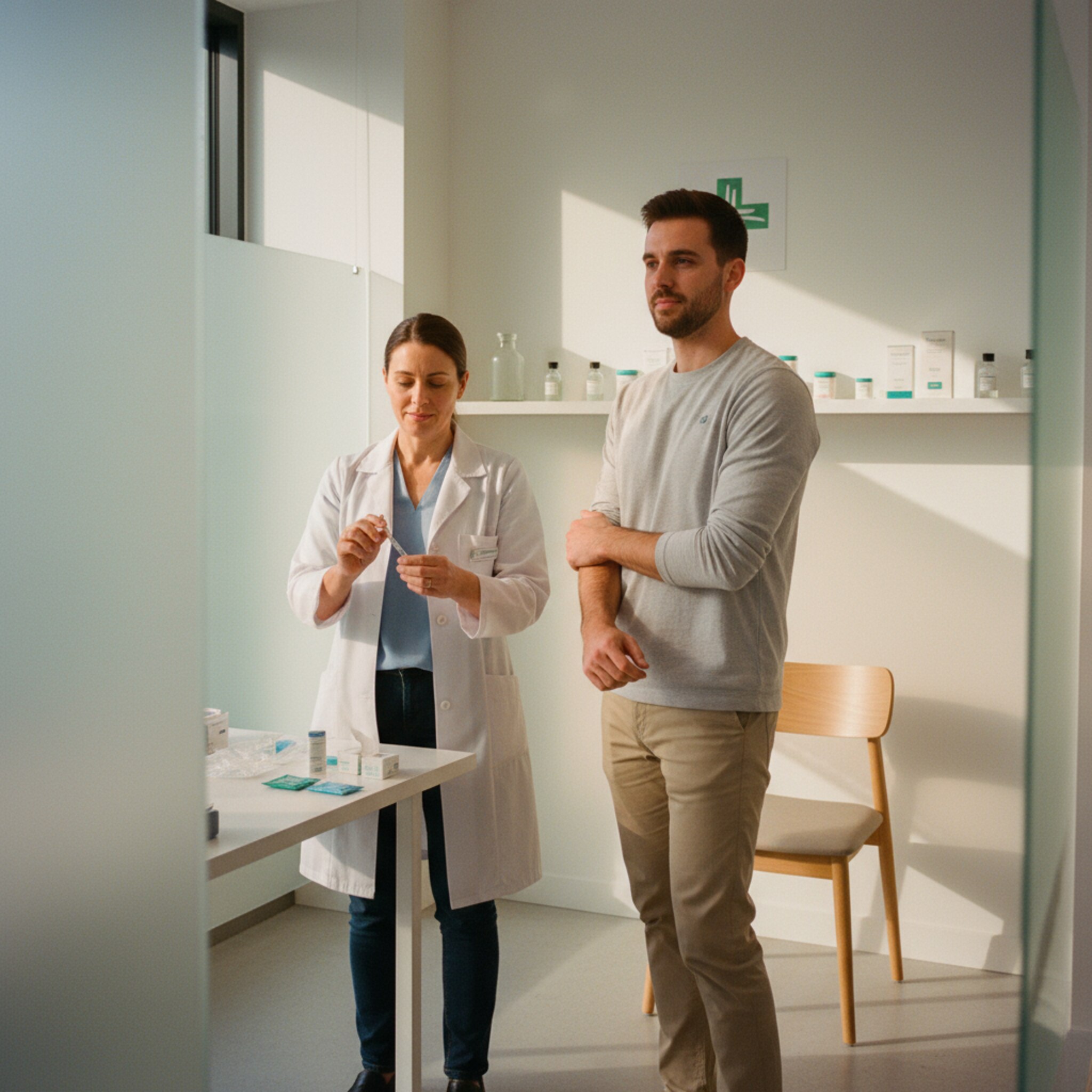 In einer hellen Offizin bereitet eine Apothekerin eine Spritze vor, während ein Kunde den Ärmel hochkrempelt. Ein kleiner Tisch mit Pflaster und Alkoholtupfern steht bereit. Warme Morgenbeleuchtung fällt auf diskrete Trennwände. Die Szene wirkt ruhig, routiniert und freundlich. Im Hintergrund wartet ein weiterer Stuhl ordentlich bereit.