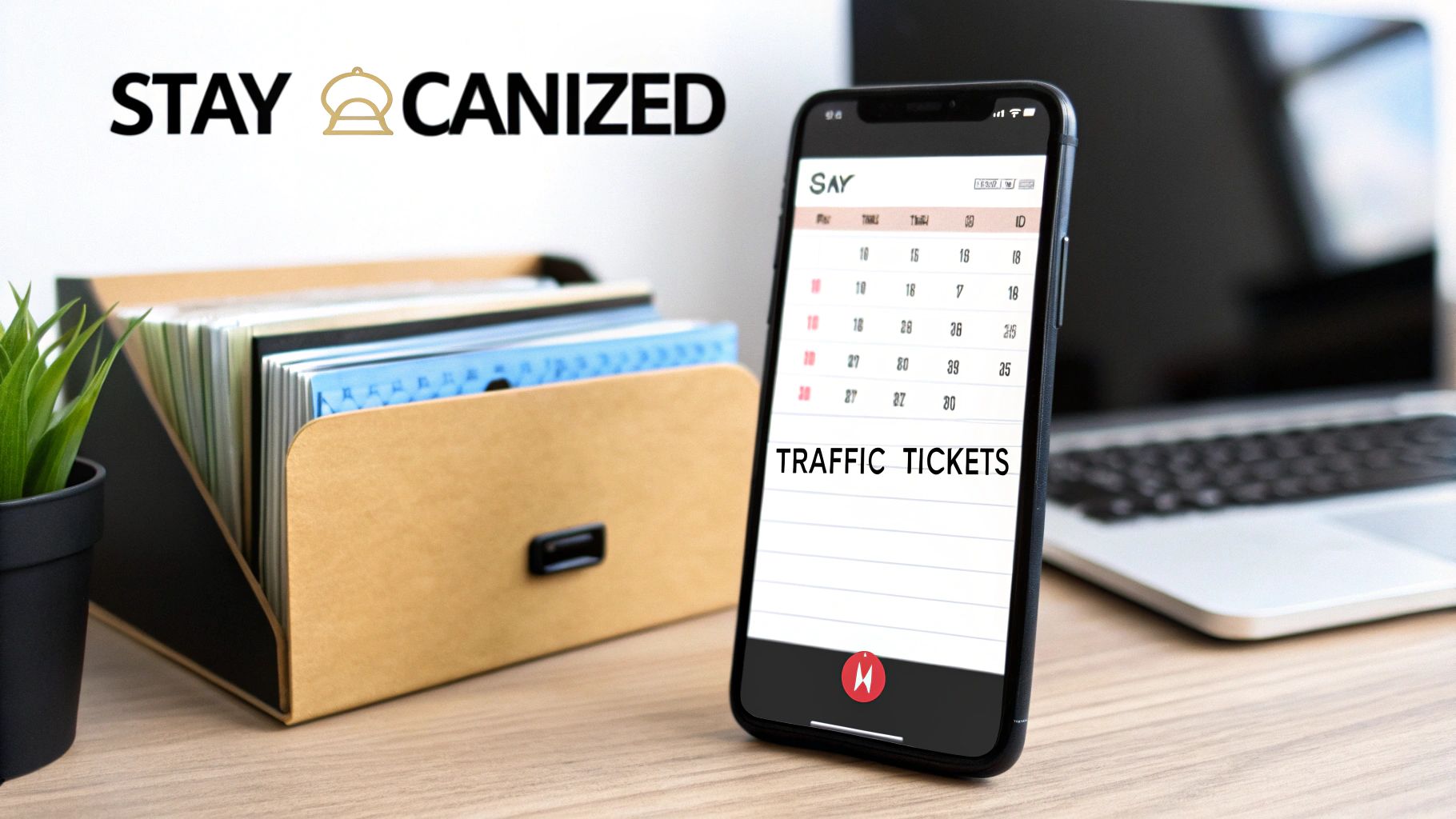 Smartphone displaying 'TRAFFIC TICKETS' on a calendar app, next to a file organizer, emphasizing legal organization.