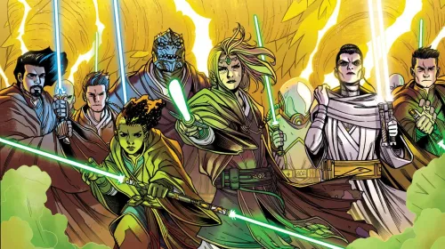 A panel from The High Republic comic series featuring Avar Kriss, Keeve Trennis, Orla Jareni, and more with lightsabers drawn