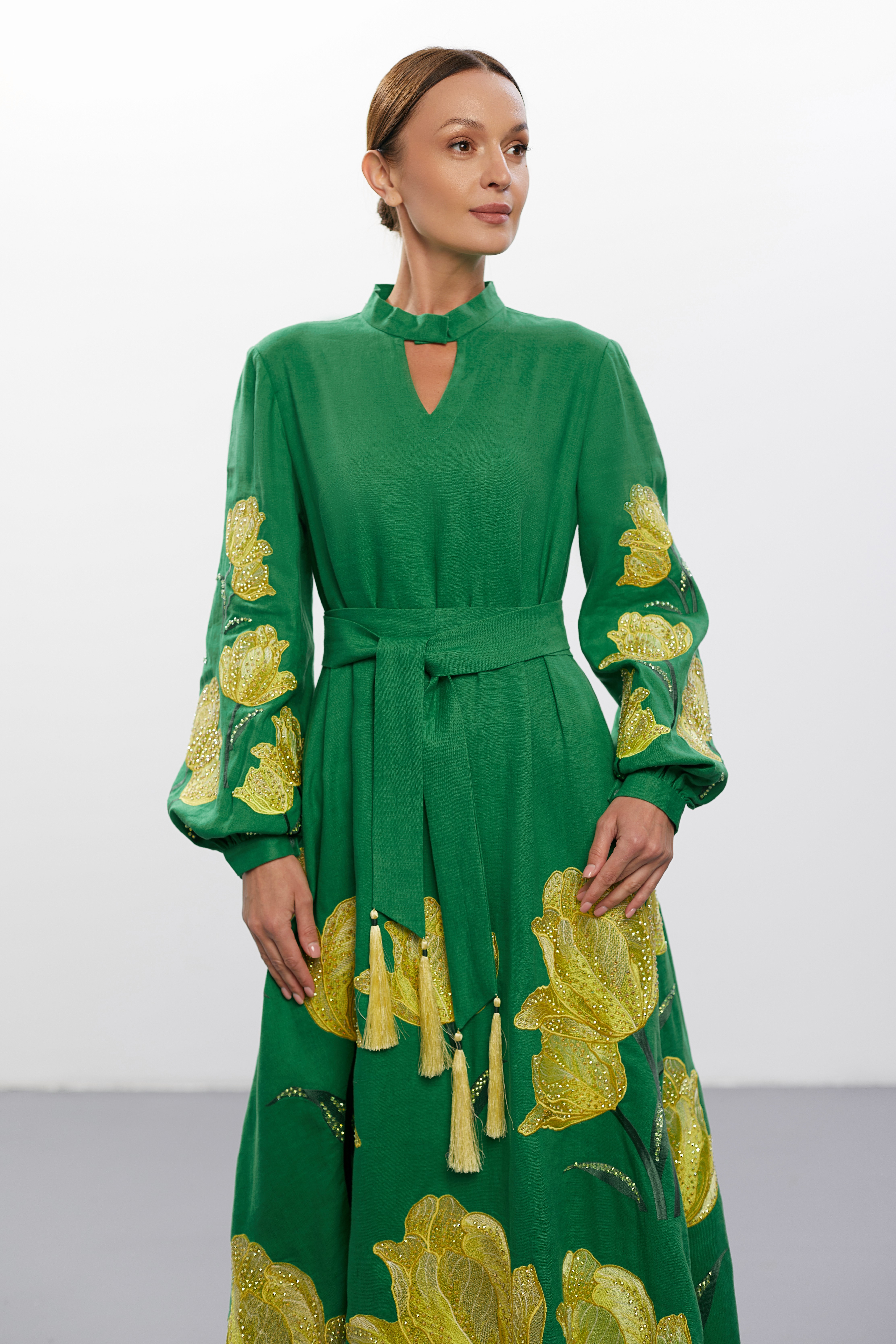 Emerald Petal Linen Gown