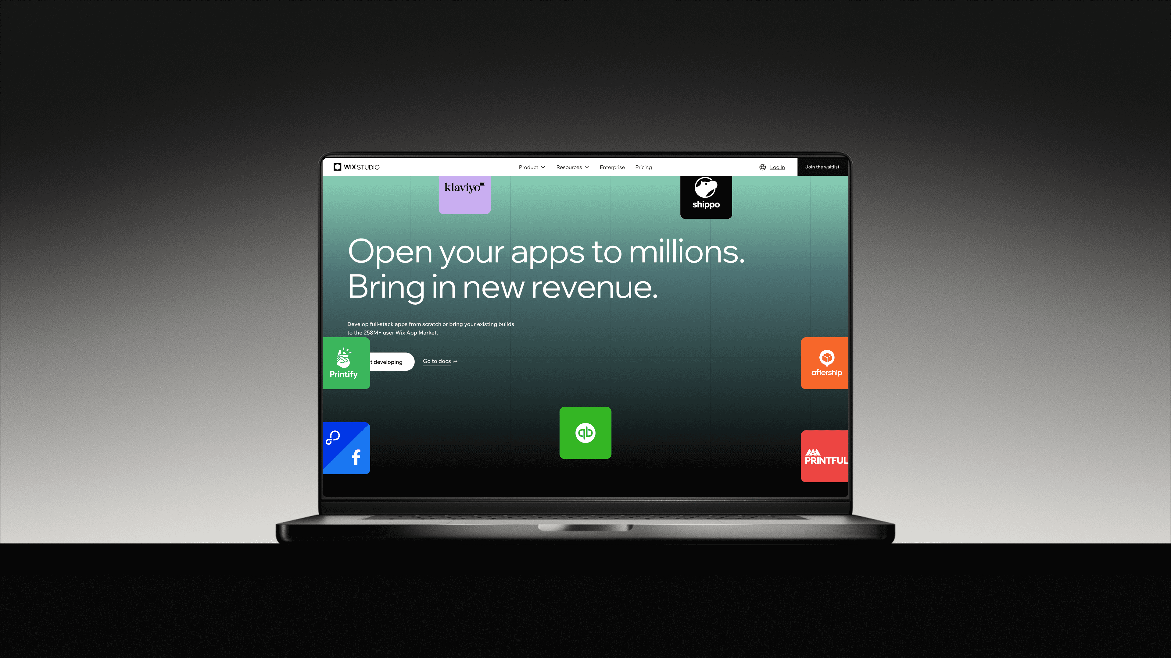 Laptop displaying a landing page design for an app developers platform