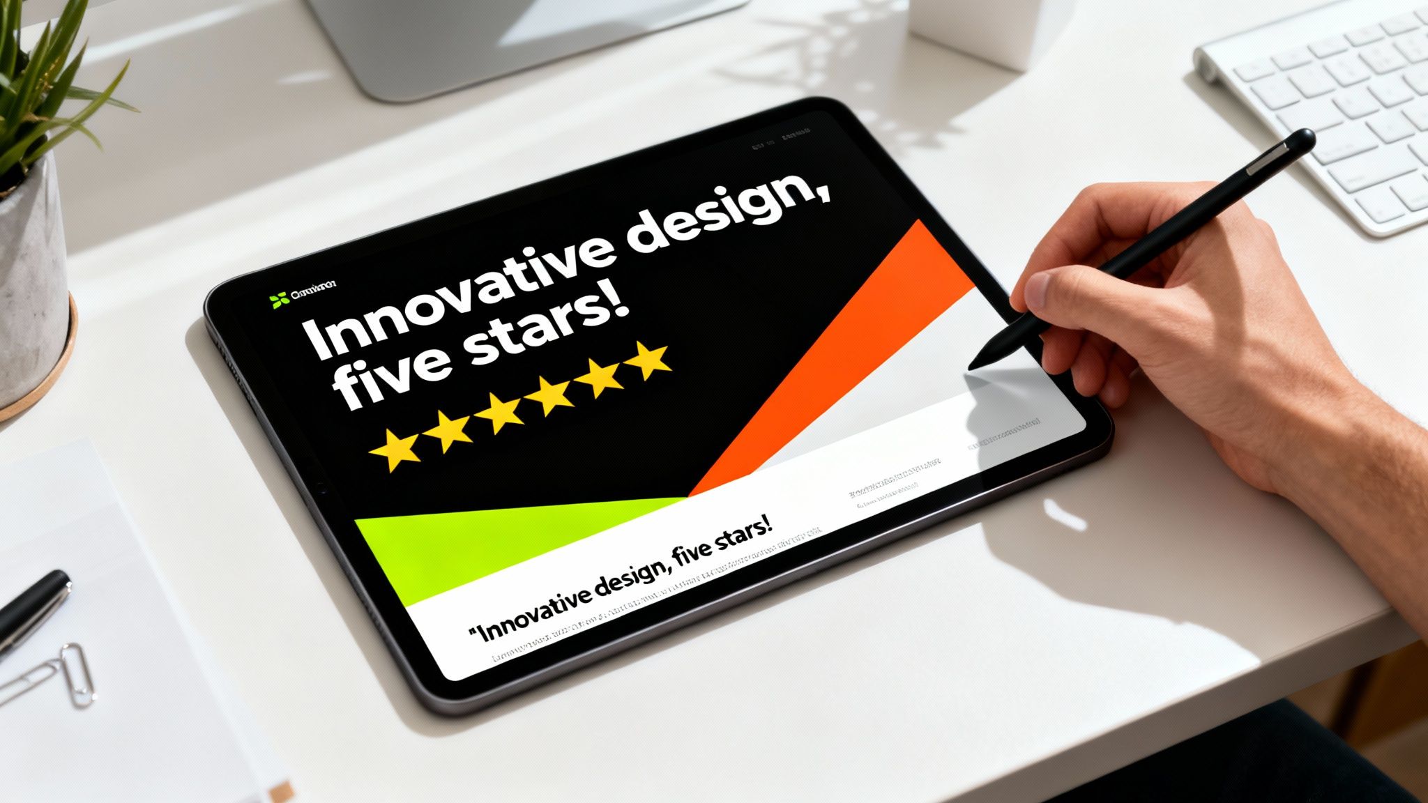 Hand using a stylus on a tablet displaying a five-star review for innovative design.