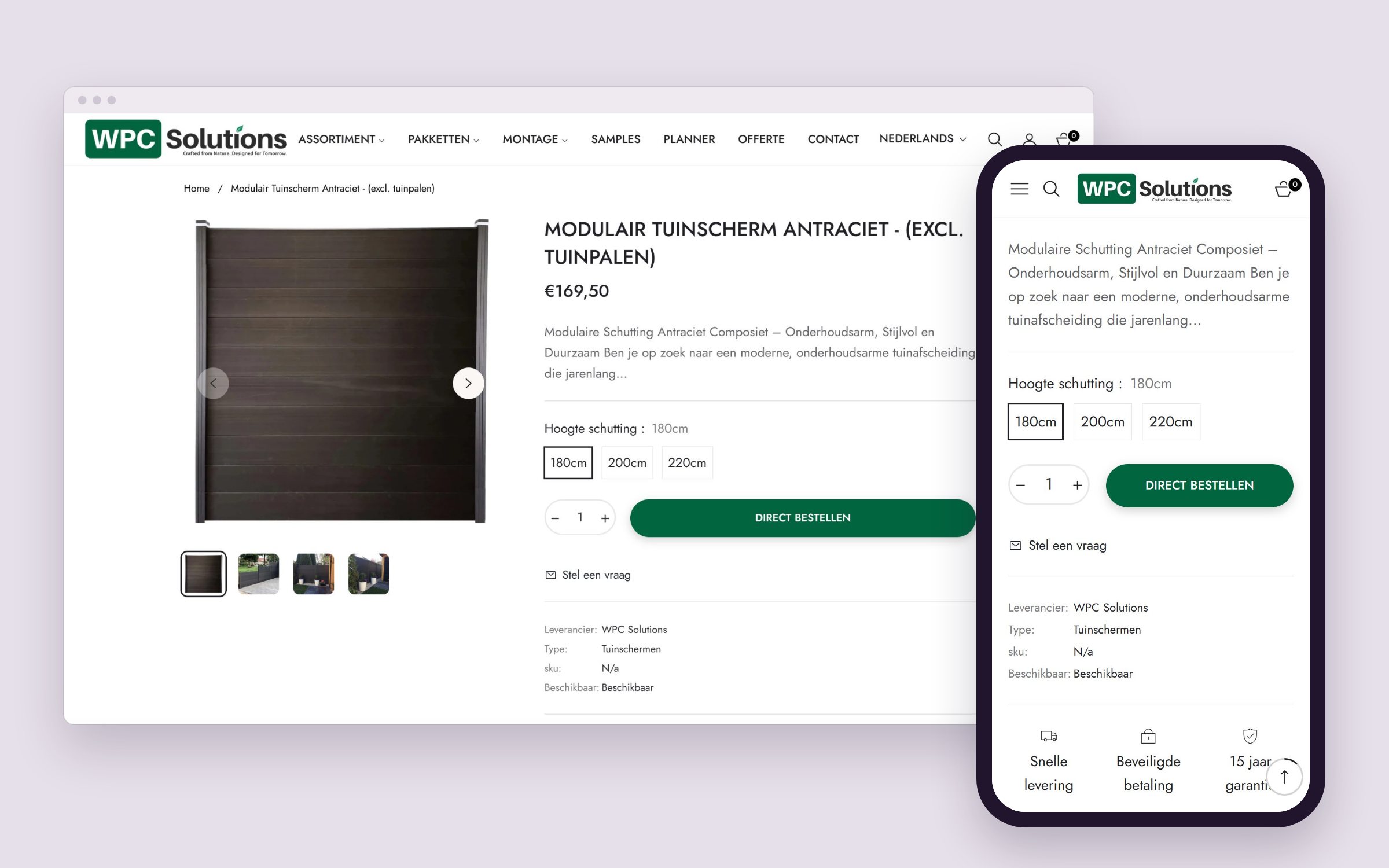 The WPC Solutions online shop on a large screen and a phone: the product page for a composite garden screen, with height options.