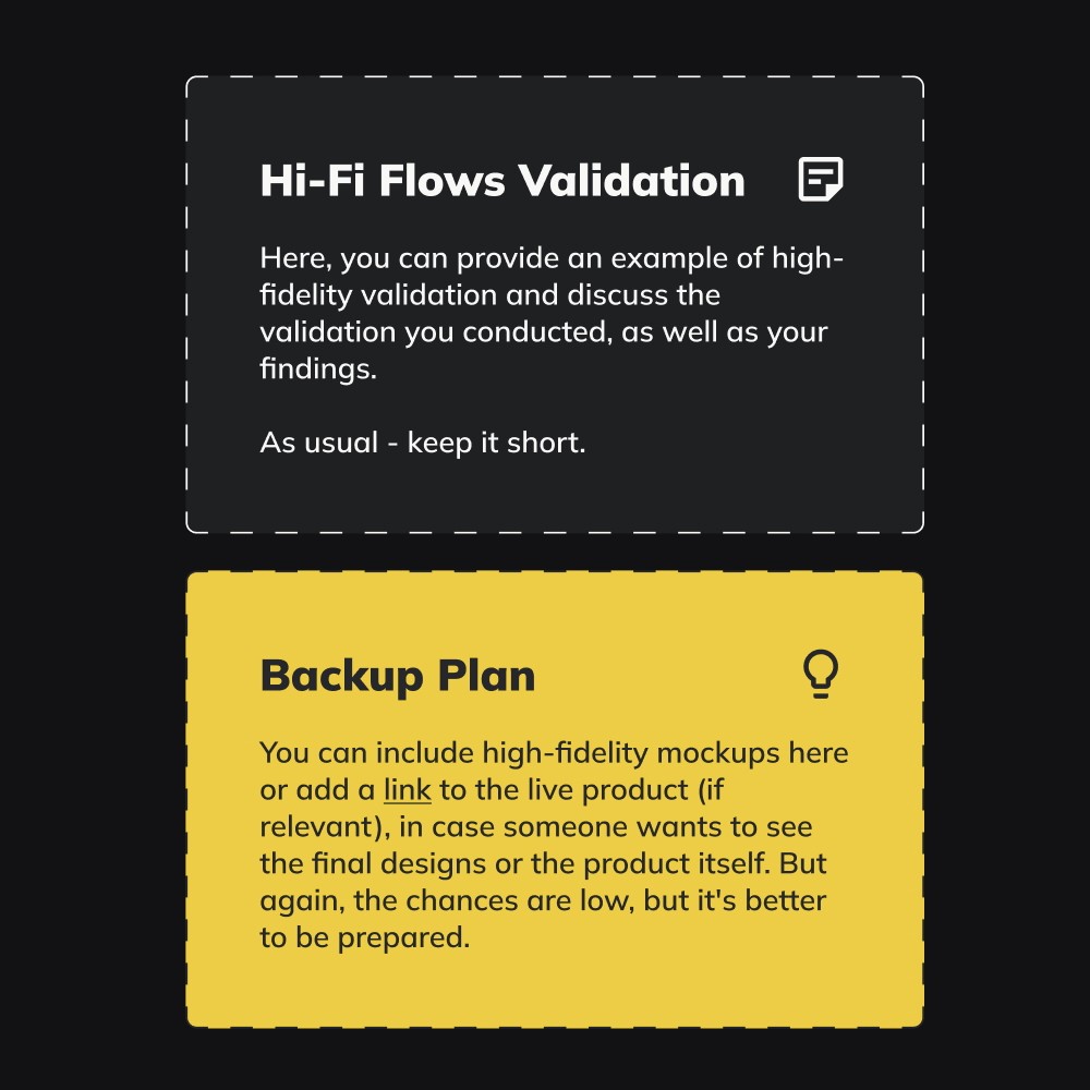 Case study presentation template slide with guidance notes for validation process and backup plan.