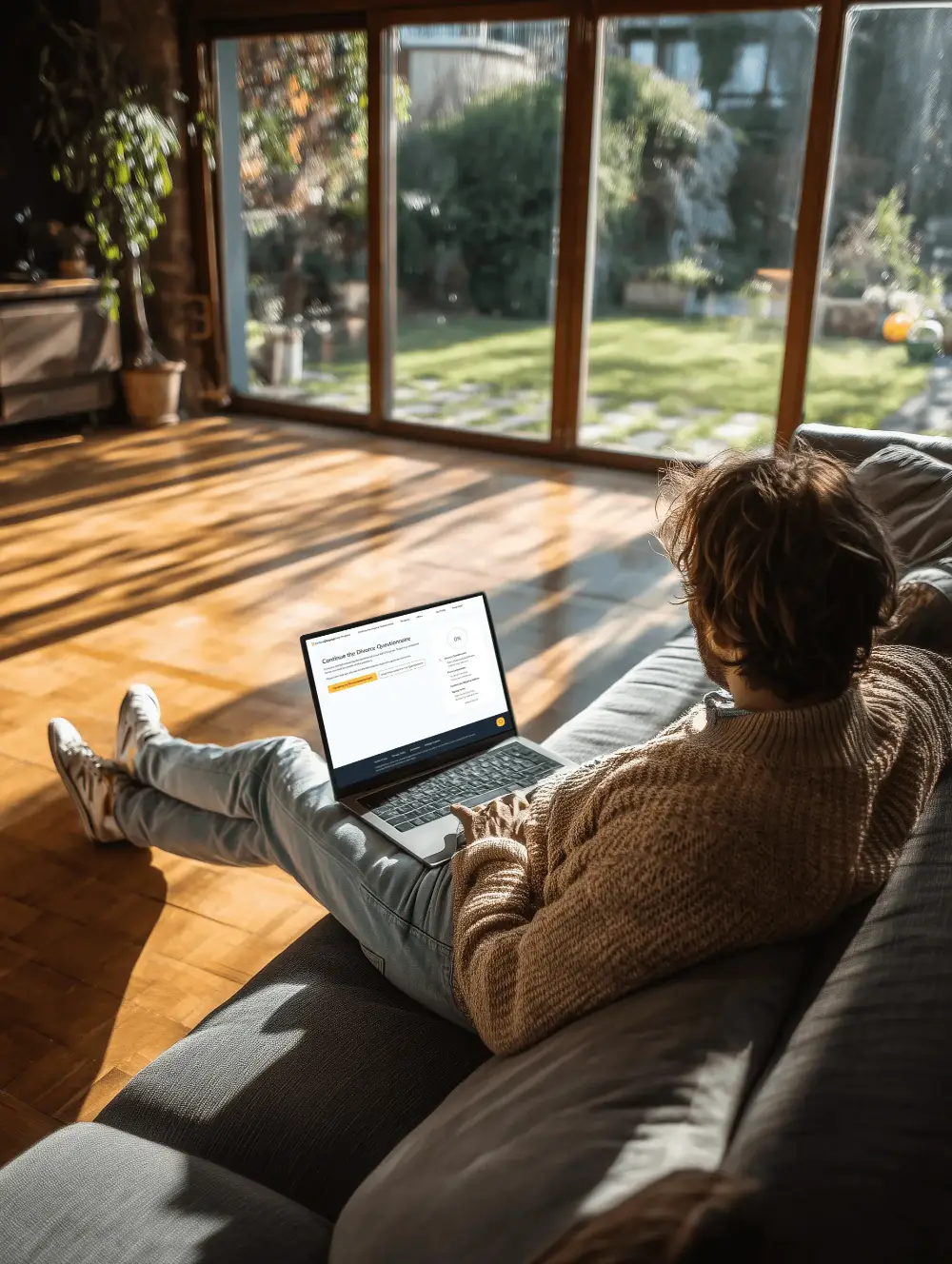 OnlineDivorce.com form on a laptop screen showing 0% progress as a person begins their online divorce process.