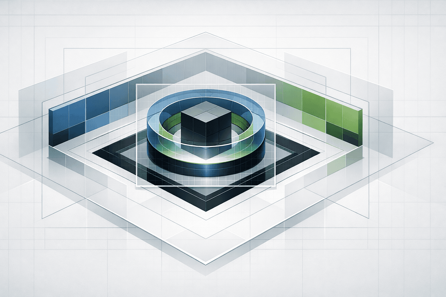 Abstract illustration of a central core surrounded by layered frames, evoking governance, institutional oversight, and accountability around decision-making.