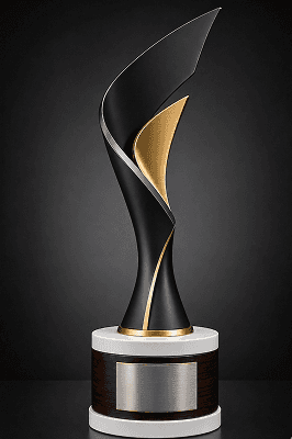 A black and gold trophy featuring a sleek design, mounted on a sturdy black base.