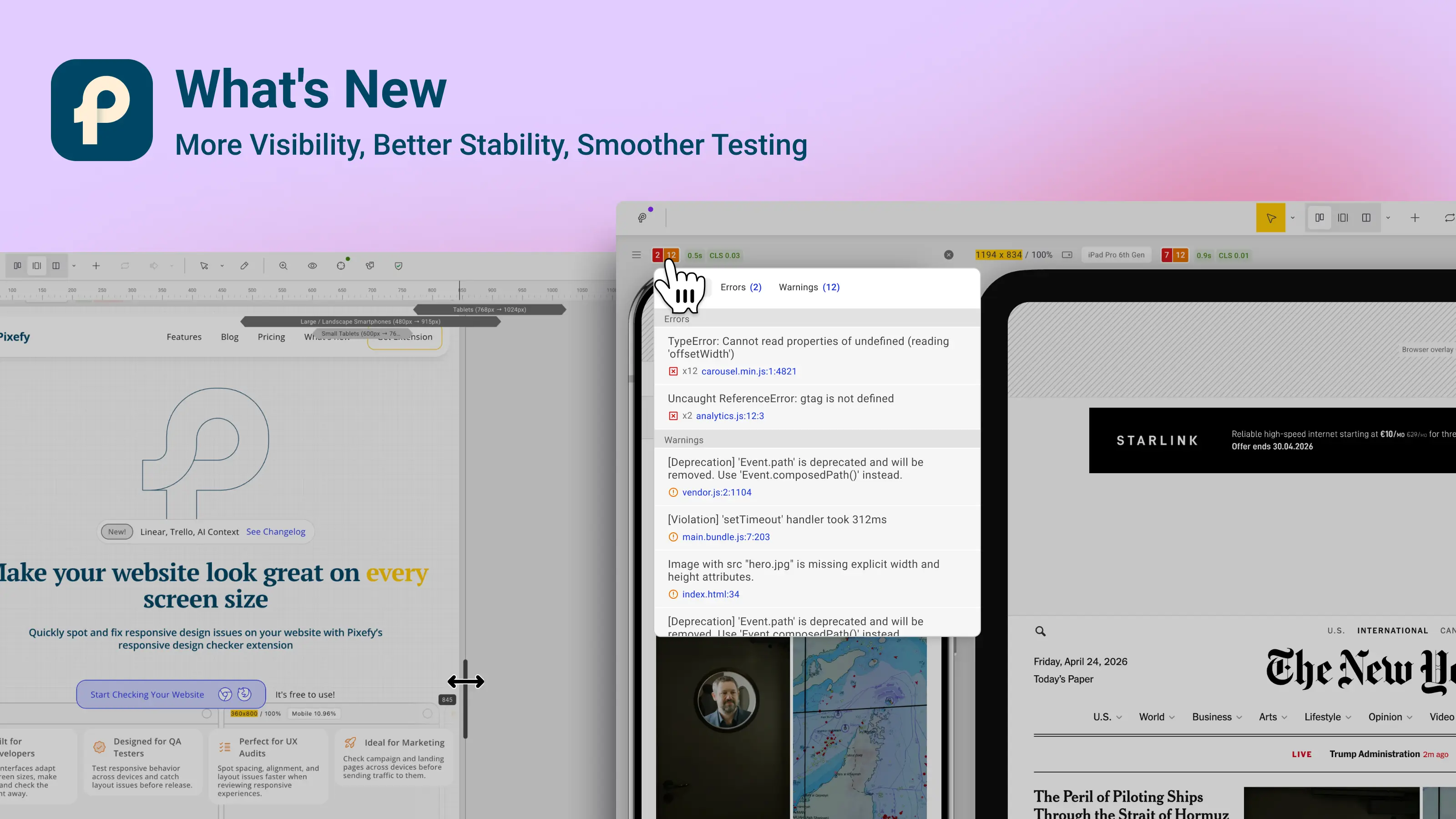 Pixefy interface showing console error monitoring, resize ruler, and performance metrics across responsive panes.
