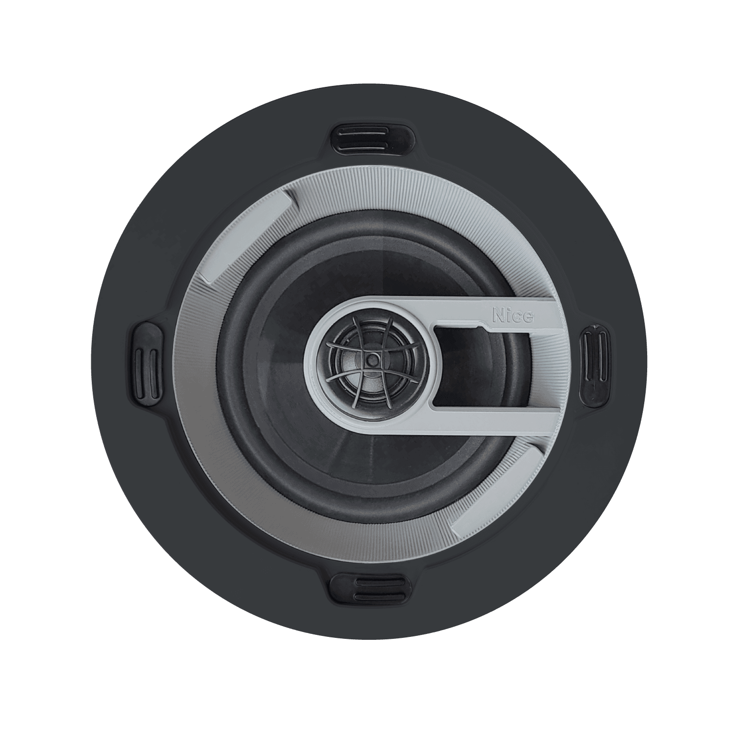 Circular ceiling speaker with white grill and dark frame
