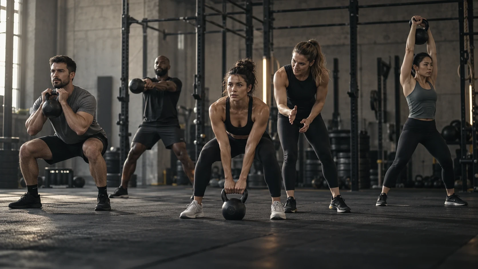 A group class swinging kettlebells together