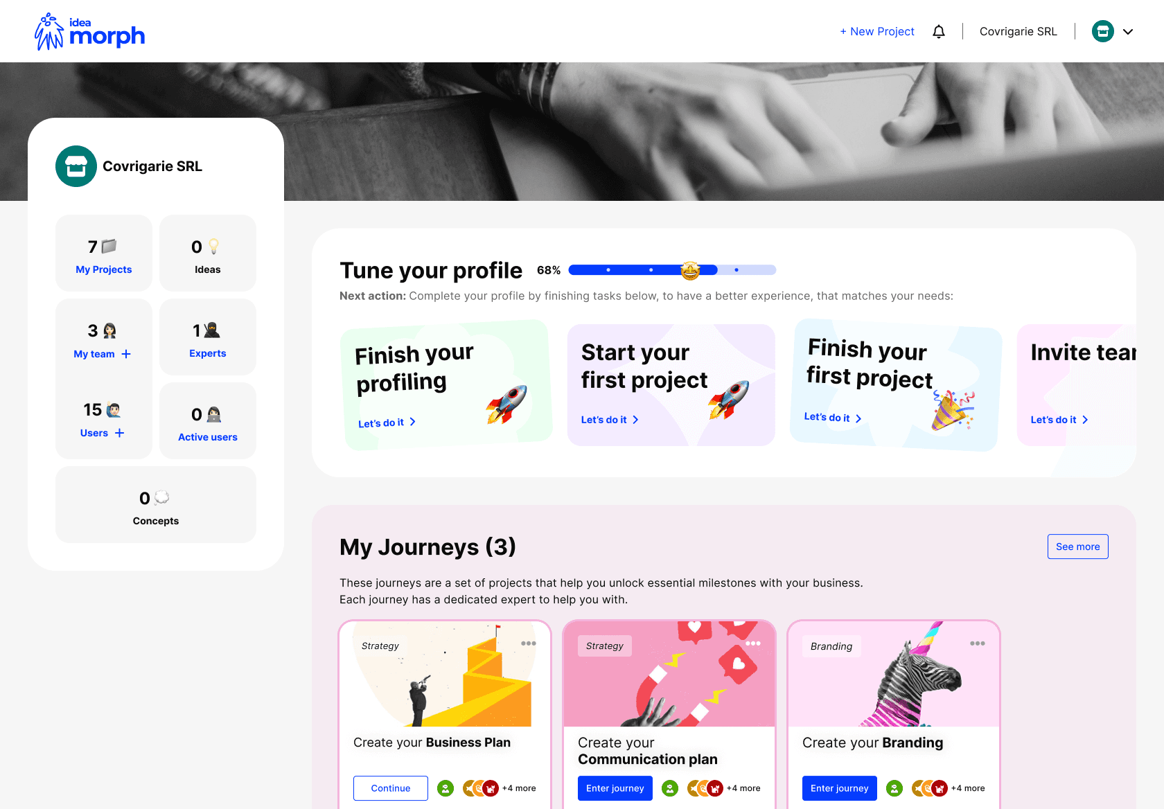  Idea Morph dashboard for startup with brainstorming projects for business plan, communication and branding