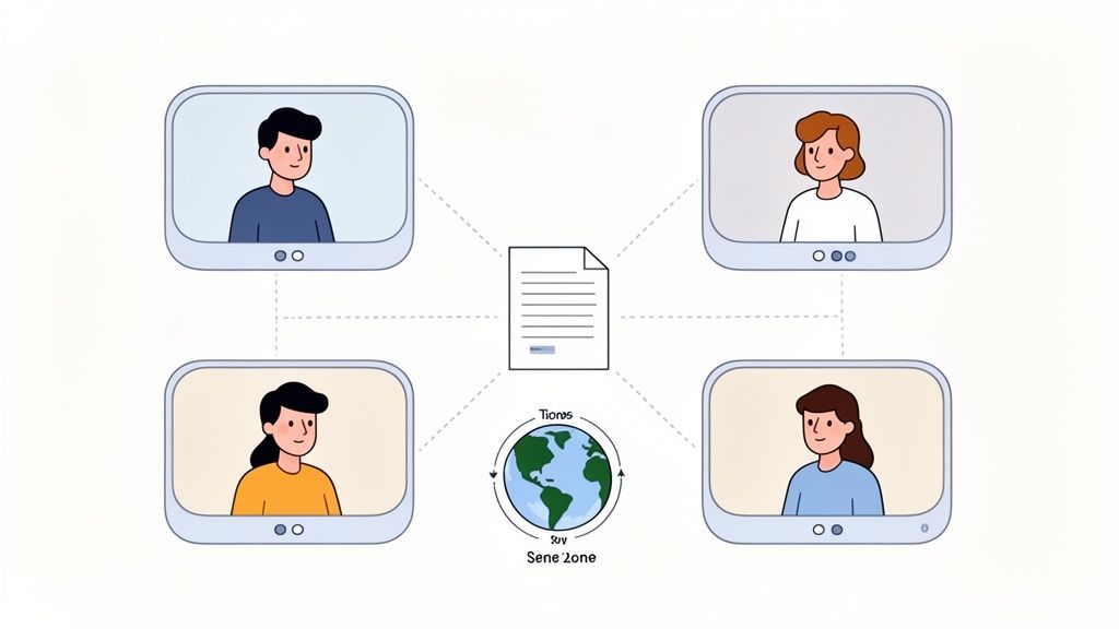 Four people connected via video conference to a central document, symbolizing global team collaboration.
