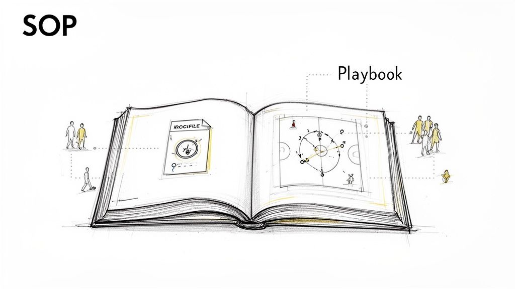 Hand-drawn sketch of an open SOP Playbook, illustrating detailed procedures and sports game strategy.