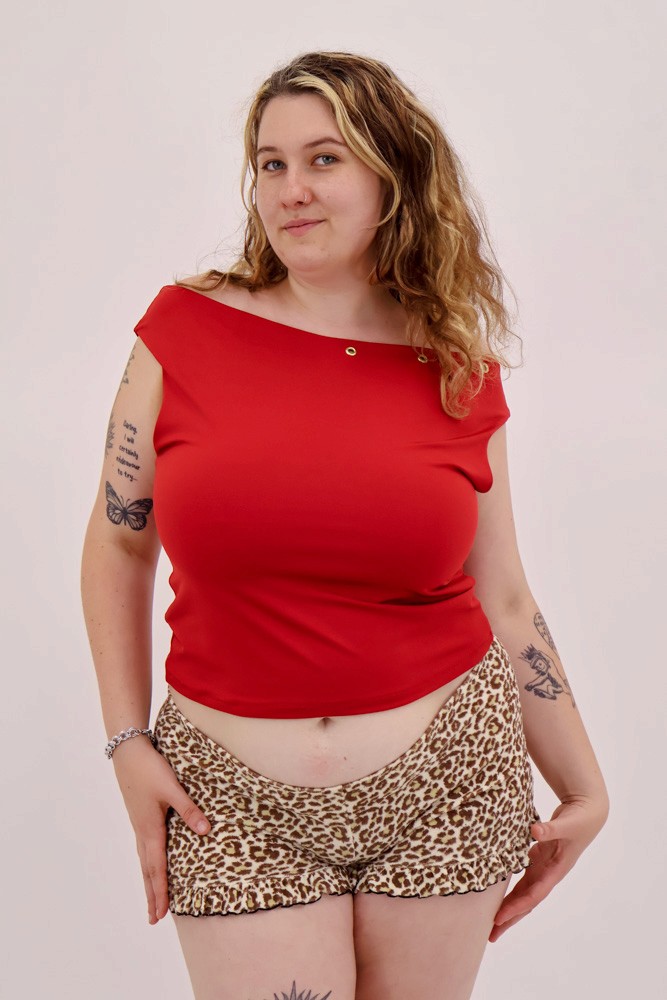 female model wearing red shirt