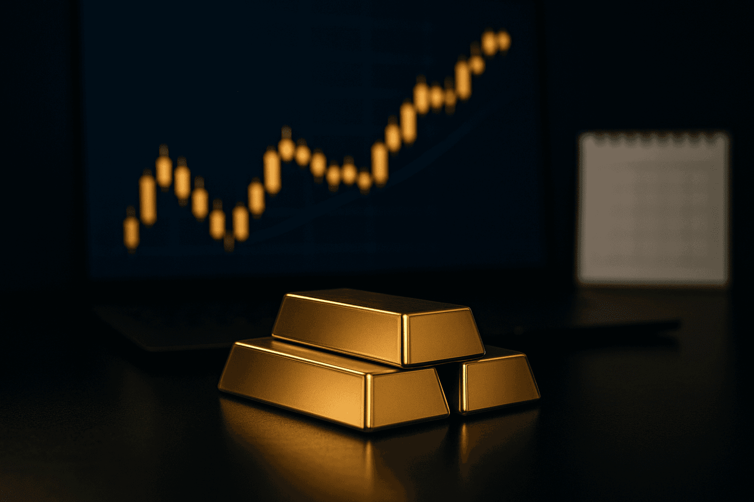 Goldbarren vor Kurschart mit Erholungsverlauf – Symbolbild zur Goldpreis-Erholung nach dem US-Jobbericht