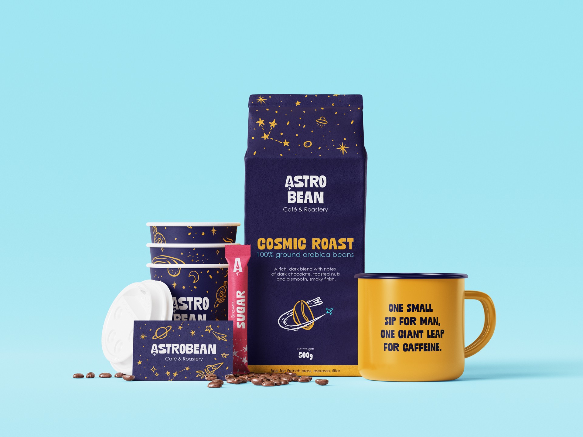 A collection of printed items, such as paper cups, loyalty cards, a bag of coffee beans a mug as merch