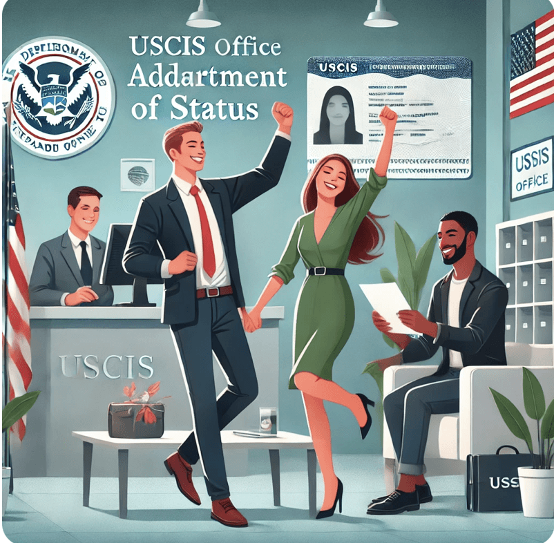 An illustration of a diverse couple celebrating after receiving their Green Card approval at a USCIS office. In the background, an immigration officer reviews documents, with subtle representations of the adjustment of status process, including biometric fingerprinting, interview desks, and a U.S. flag. The setting conveys a welcoming and successful immigration journey.