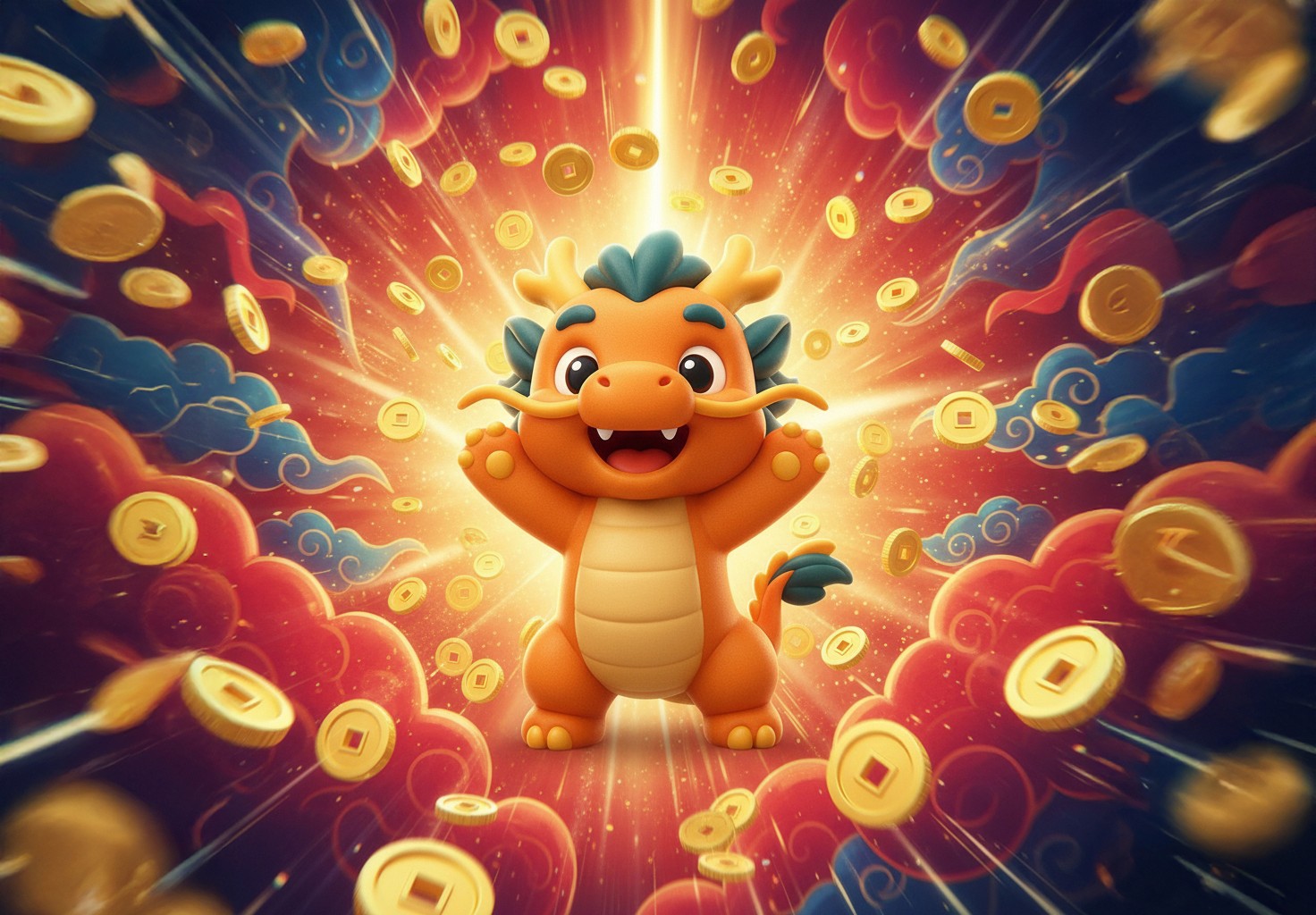 3d render fo a chinese golden dragon on a dark teal background, dramatic